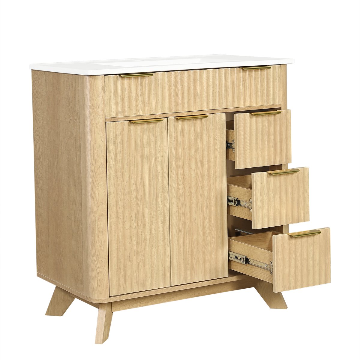 Vrijstaand wastafelmeubel 81 cm - Badkamermeubel met keramische wastafel - 3 lades - 81x47x90 cm - Opbergruimte - Badkamer - Houtlook