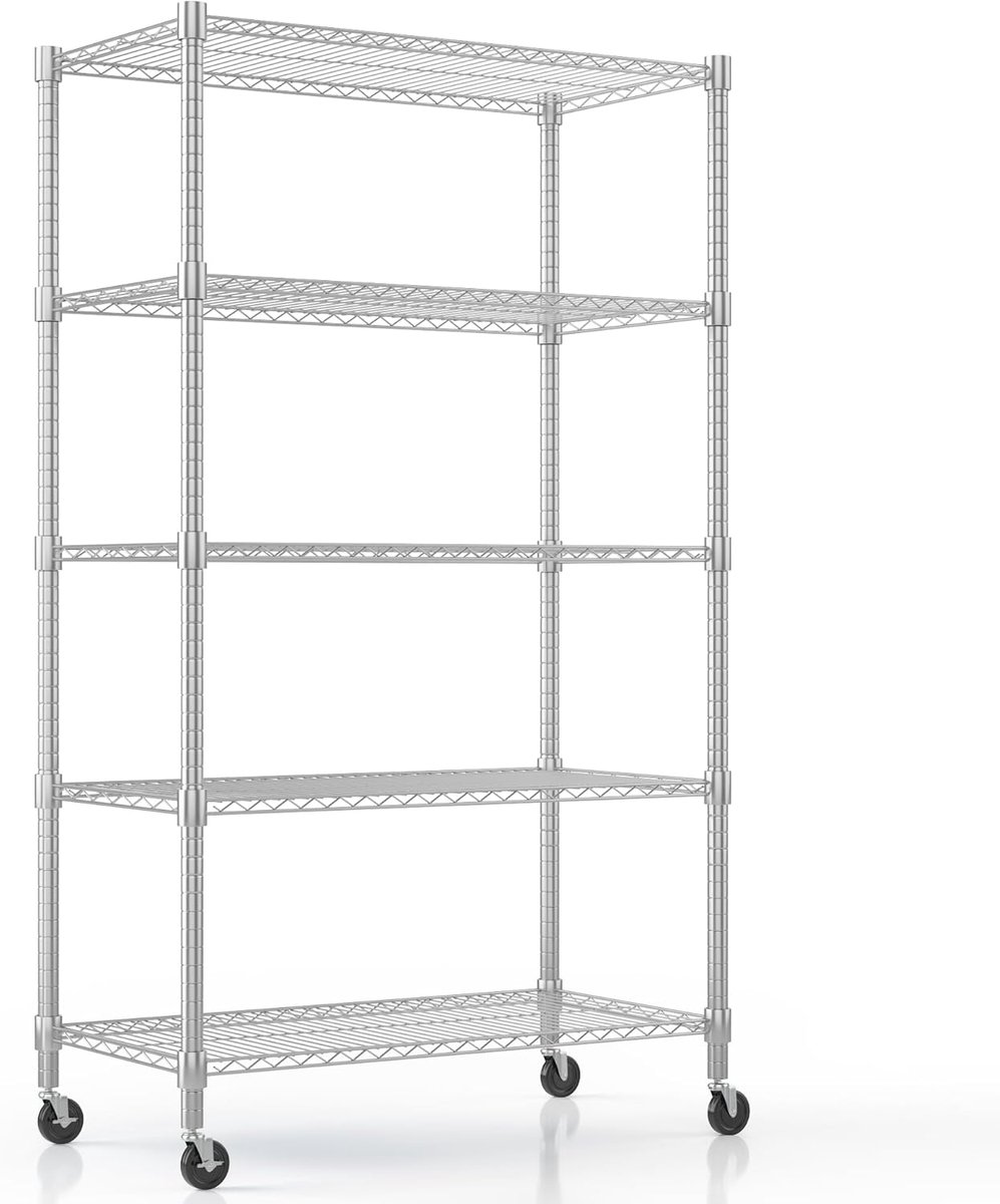 5-laags draadstelling met wielen en stelpoten, in hoogte verstelbaar metalen opbergrek, staande opbergrekken voor wasruimte, badkamer, keuken, voorraadkast, 90 * 45 * 208CM, Zilver