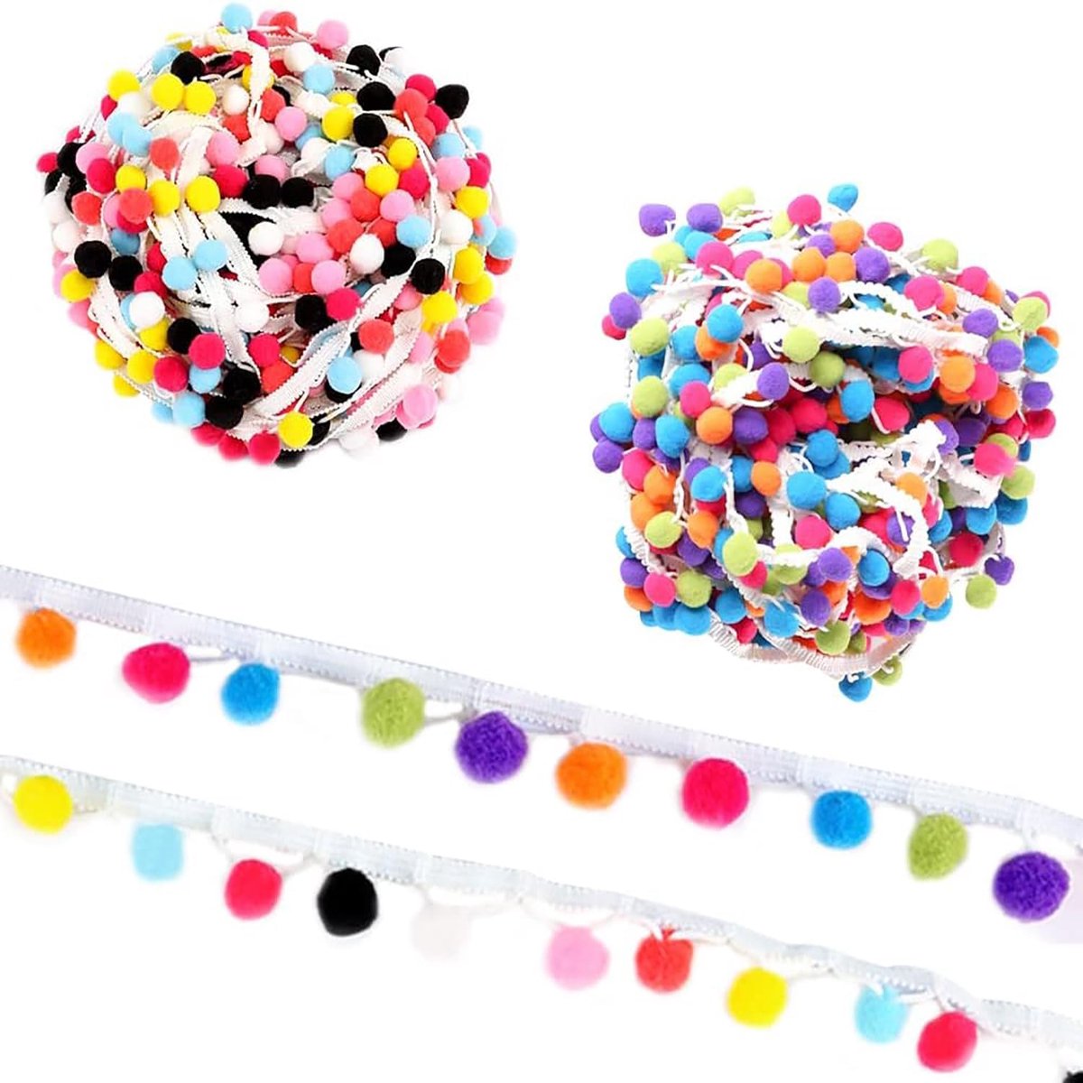 12 m pompon boord om te naaien, pompon boord, pompon trim, regenboogpompons, pompons, bonte pompons, bonte pompons, bonte bol, franjes, kwastjes, trim voor decoratie