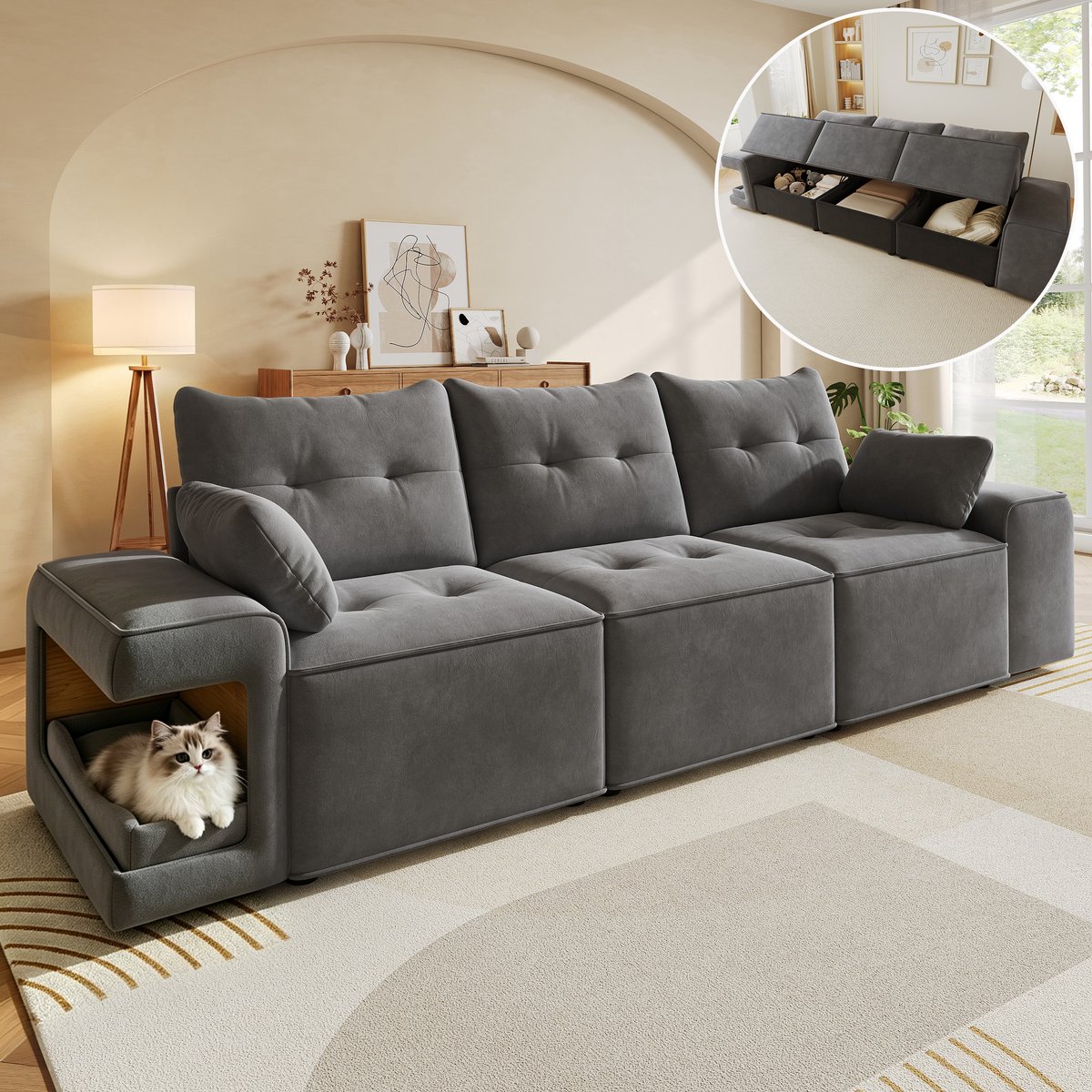 3-Zits Bank, Moderne Modulaire 3-Zitsbank Met Brede Armleuningen, Cloud-Bank, Geïntegreerde Opbergruimte, Gestoffeerde Kussens, USB Oplaadpoort, Chenille Stof, Grijs