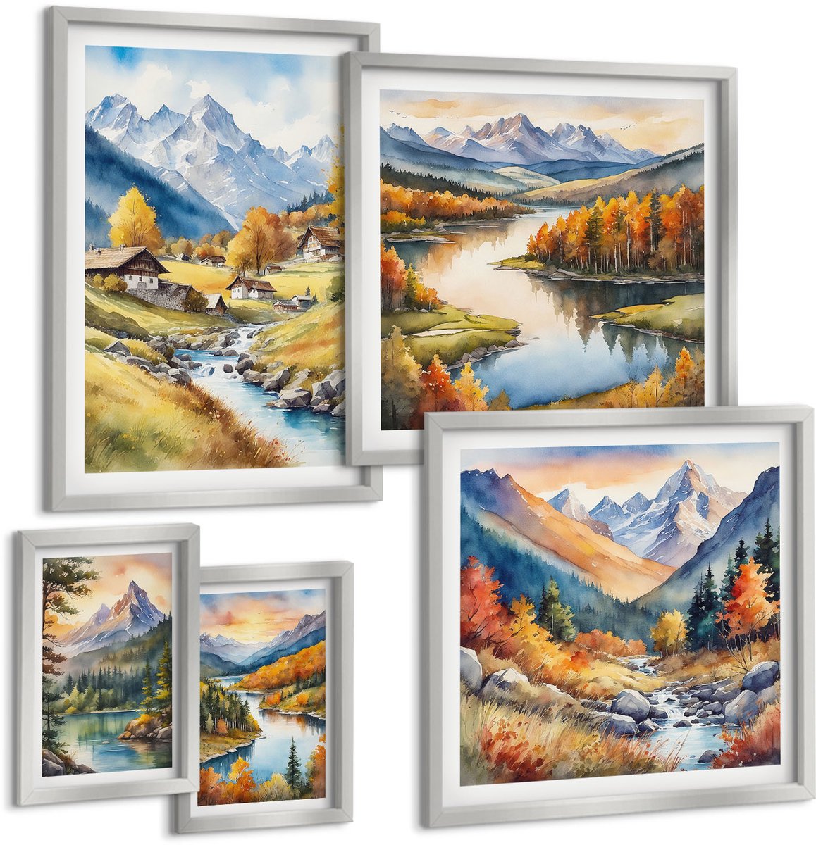 Coloray 5-Delige Schilderij Set - Abstracte Esthetische Vergezichten Met Bergen En Planten - 20 x 30 cm - Muurdecoratie - Interieur Decoratie