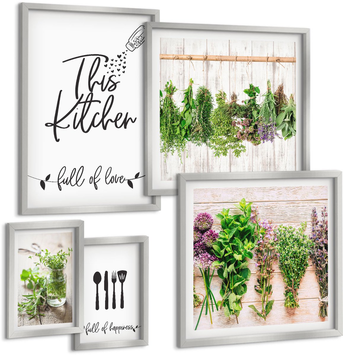 Coloray 5-Delige Schilderij Set - Keukenmotief Inscriptie Gedroogde Kruiden - 20 x 30 cm - Stijlvolle Muurdecoratie - Slaapkamer - Woonkamer Decoratie