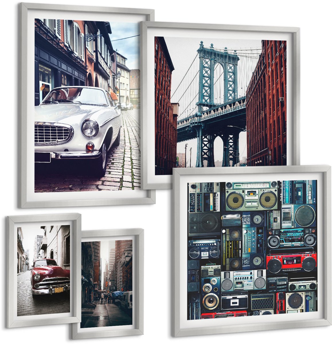 Coloray 5-Delige Schilderij Set - Oude Auto Op Straat Bij De Brooklyn Bridge En Retro Audioapparatuur - 20 x 30 cm - Muurdecoratie - Interieur Decoratie