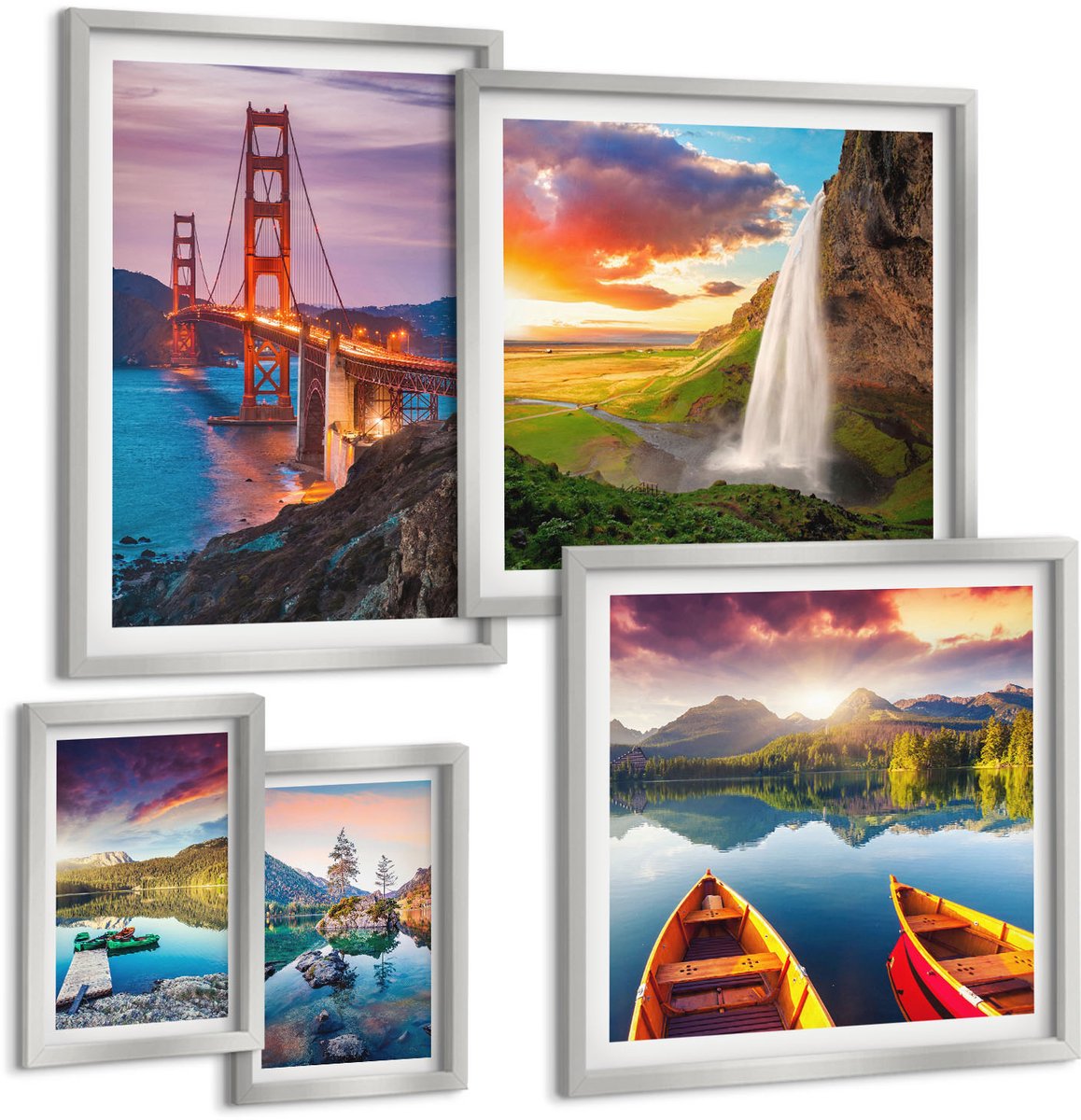 Coloray 5-Delige Schilderij Set - Uitzicht Op De Bergen Met Meren, Boten En Een Brug. - 20 x 30 cm - Muurdecoratie - Decoratieve Schilderijen - Wohnzimmer - Interieur Decoratie