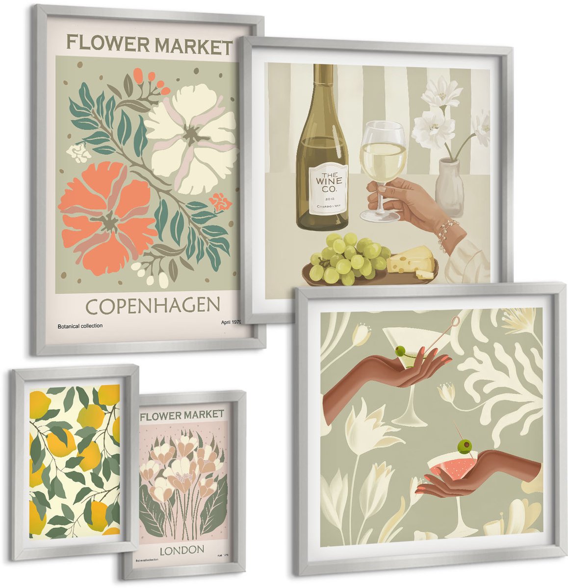 Coloray 5-Delige Schilderij Set - Bloemmotieven In Tokio, Londen En Parijs - 20 x 30 cm - Wanddecoratie - Woonkamer Decoratie - Stijlvolle Muurdecoratie