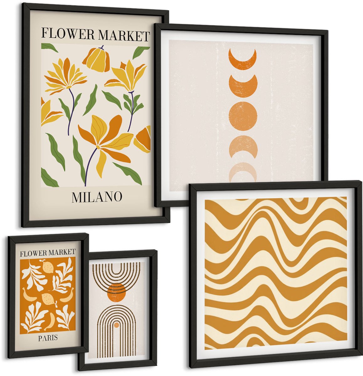 Coloray 5-Delige Schilderij Set - Stijlvolle Decoraties Met Bloemen- En Geometrische Motieven. - 50 x 50 cm, 20 x 30 cm En 40 x 60 cm - Wanddecoratie - Schilderijen Set - Interieur - Moderne Wanddecoratie Zwarte lijst