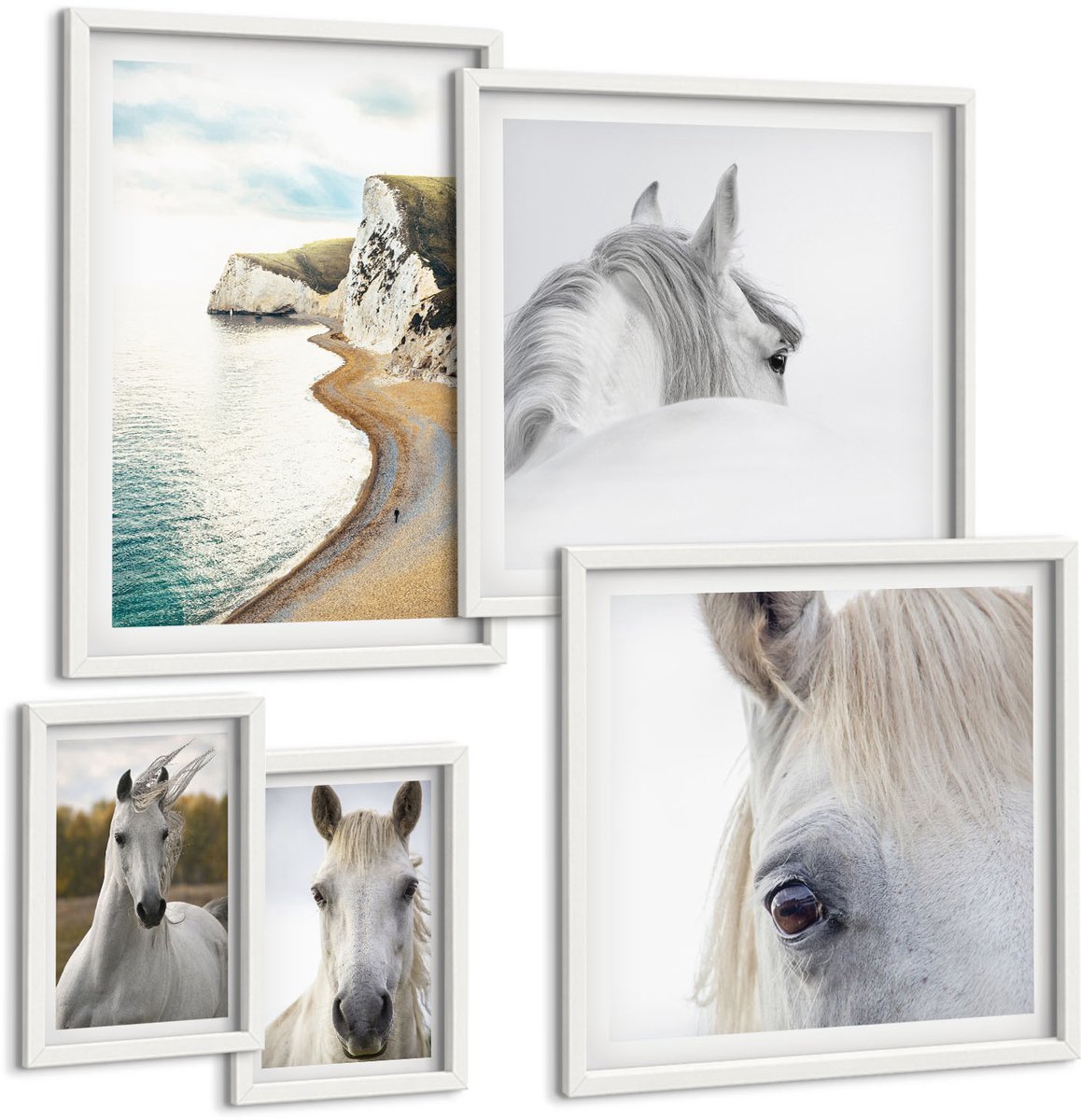 Coloray 5-Delige Schilderij Set - Paarden Op Het Strand En In De Natuur In Een Minimalistische Stijl. - 50 x 50 cm, 20 x 30 cm En 40 x 60 cm - Wanddecoratie - Woonkamer Decoratie - Stijlvolle Muurdecoratie