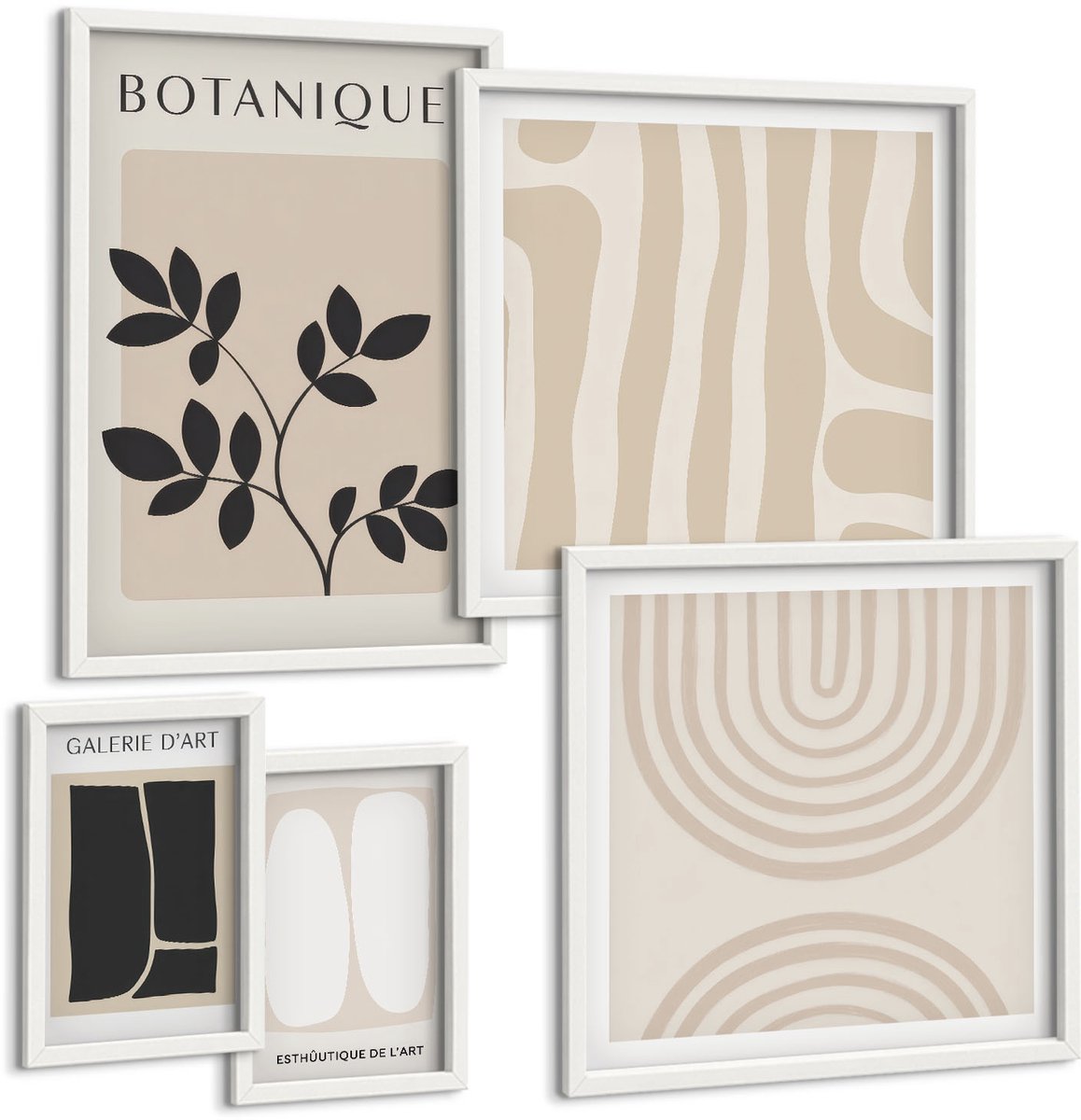 Coloray 5-Delige Schilderij Set - Stijlvolle Afbeeldingen In Natuurlijke Tinten Met Plantmotieven. - 50 x 50 cm, 20 x 30 cm En 40 x 60 cm - Muurdecoratie - Wanddecoratie - Slaapkamer - Decoratieve Schilderijen