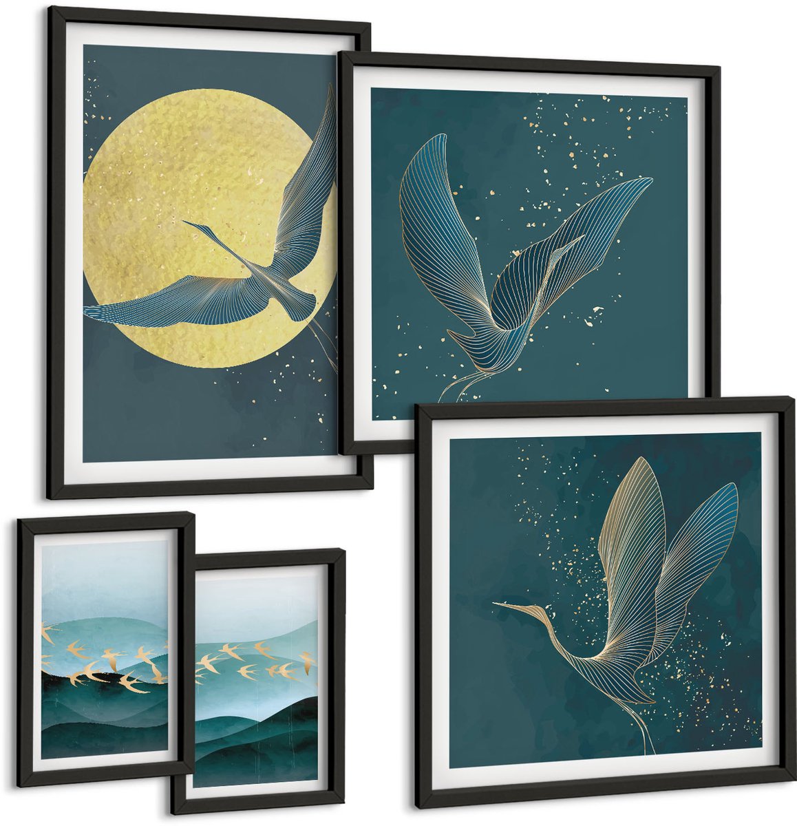 Coloray 5-Delige Schilderij Set - Landschappen Met Vogels In De Nachtelijke Hemel Met De Maan - 50 x 50 cm, 20 x 30 cm En 40 x 60 cm - Decoratieve Schilderijen - Wanddecoratie - Hal - Moderne Wanddecoratie Zwarte lijst