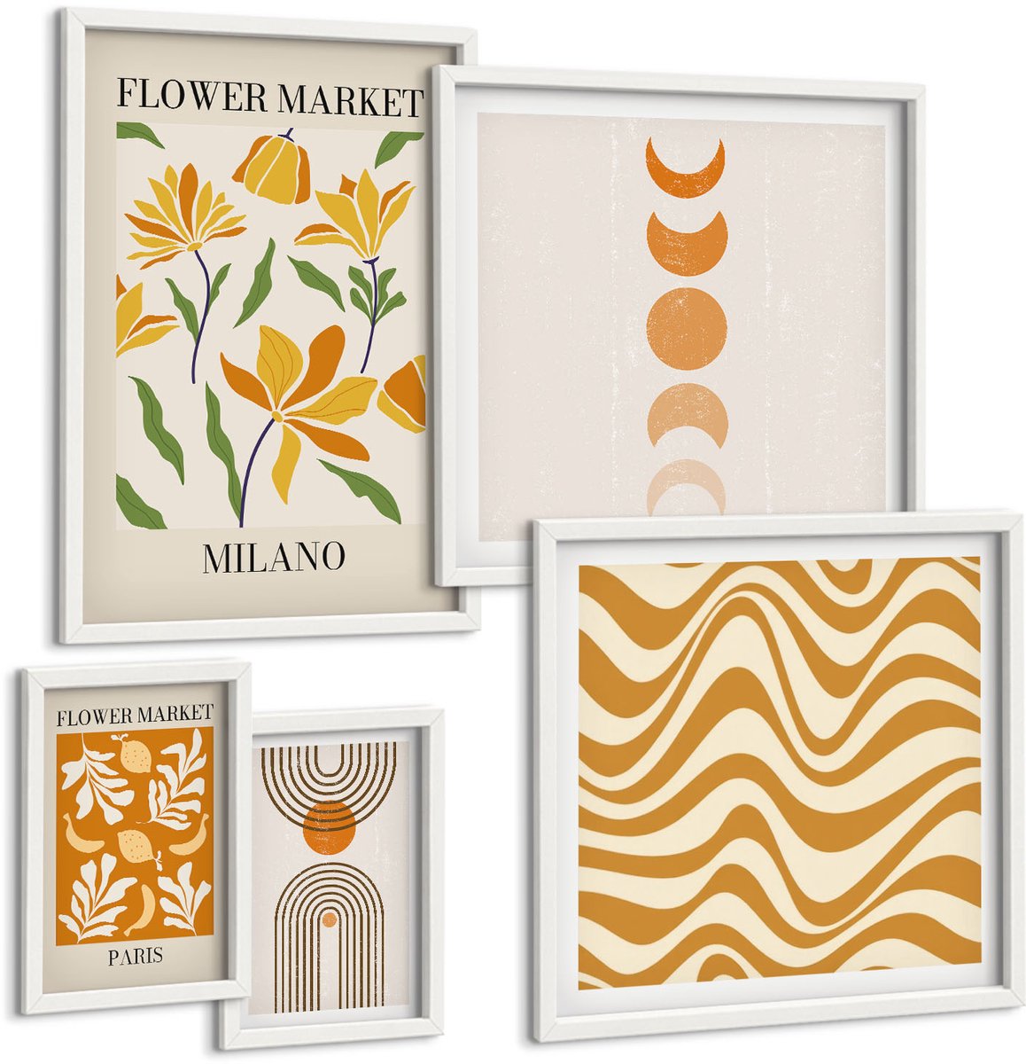 Coloray 5-Delige Schilderij Set - Stijlvolle Decoraties Met Bloemen- En Geometrische Motieven. - 50 x 50 cm, 20 x 30 cm En 40 x 60 cm - Wanddecoratie - Schilderijen Set - Interieur - Decoratieve Schilderijen