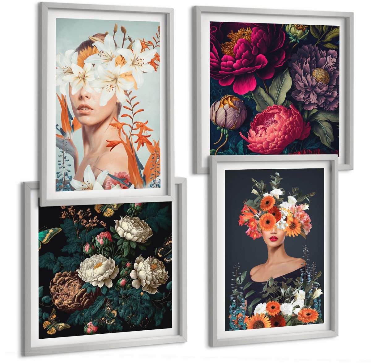 Coloray 4-Delige Schilderij Set - Bloemenportretten Met Kleurrijke Boeketten En Bladeren - 40 x 40 cm En 40 x 60 cm - Wanddecoratie - Muurdecoratie - Woonkamer - Woonkamer Decoratie