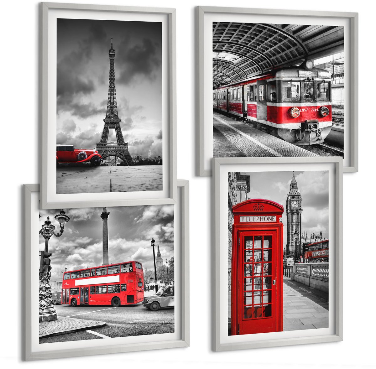Coloray 4-Delige Schilderij Set - Iconische Steden: Londen, Parijs En Het Spoorvervoer - 40 x 40 cm En 40 x 60 cm - Moderne Wanddecoratie - Slaapkamer