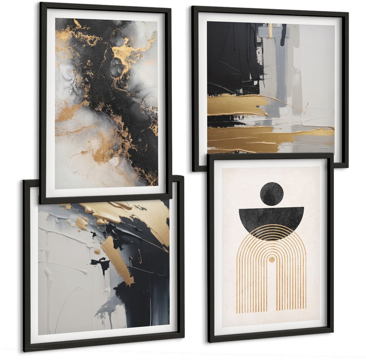 Coloray 4-Delige Schilderij Set - Geometrie En Abstractie: Elegante Compositie - 40 x 40 cm En 40 x 60 cm - Muurdecoratie - Interieur Decoratie Zwarte lijst