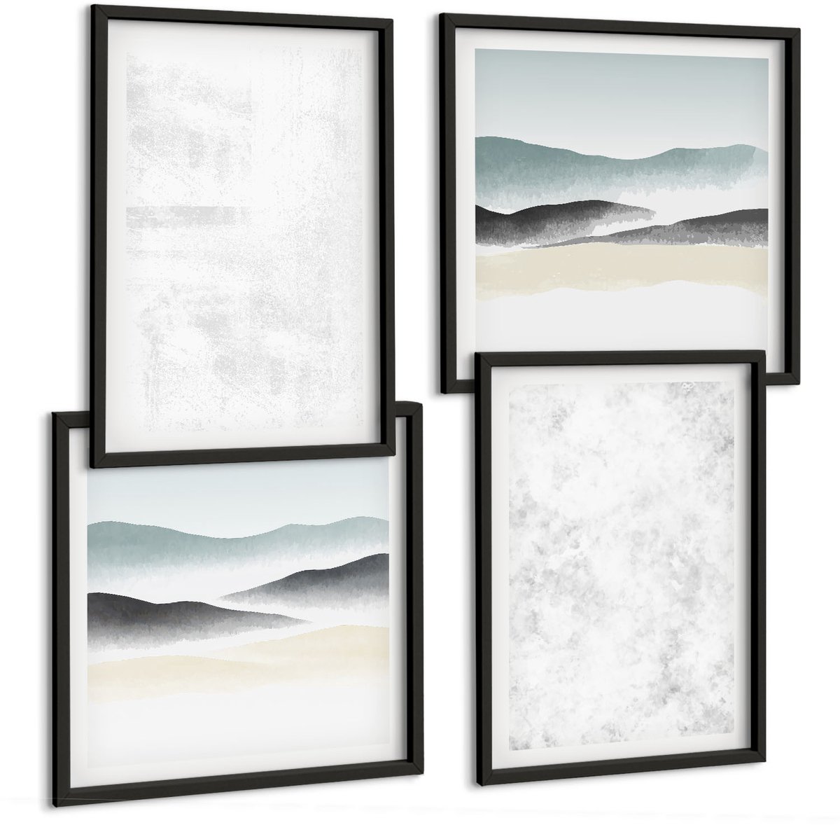 Coloray 4-Delige Schilderij Set - Witte Vlekken Op Canvas En Abstracte, Minimalistische Achtergronden - 40 x 40 cm En 40 x 60 cm - Decoratieve Schilderijen - Wanddecoratie - Hal - Moderne Wanddecoratie Zwarte lijst