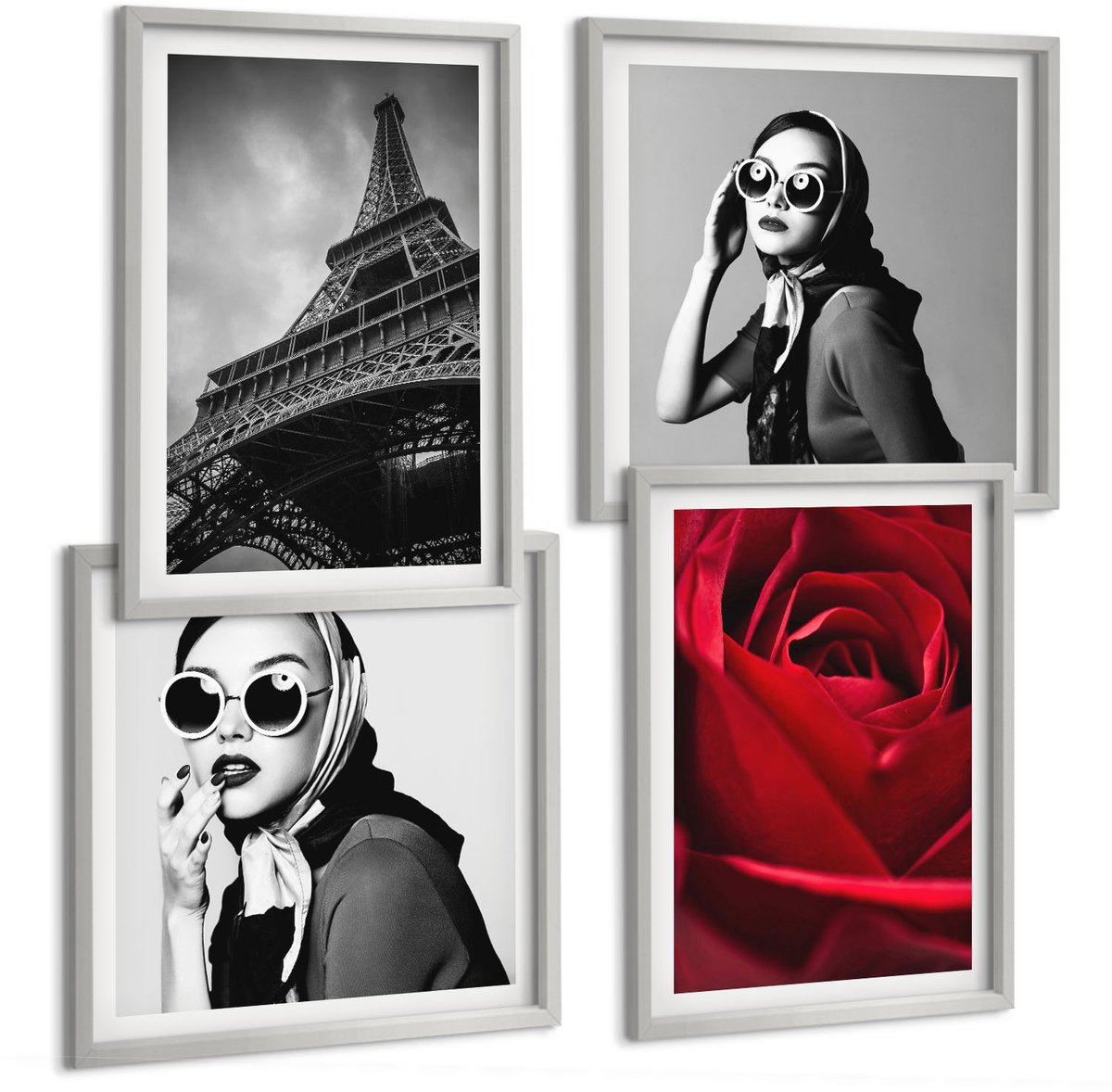 Coloray 4-Delige Schilderij Set - Parijse Vrouw Met Bril, Roos En Eiffeltoren - 40 x 40 cm En 40 x 60 cm - Stijlvolle Muurdecoratie - Slaapkamer - Decoratieve Schilderijen