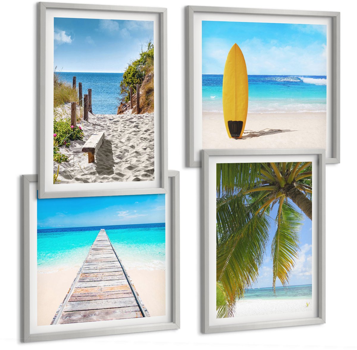 Coloray 4-Delige Schilderij Set - Vakantiegezichten, Strandgolven En Palmbomen In De Tropen - 40 x 40 cm En 40 x 60 cm - Decoratieve Muurdecoratie - Slaapkamer - Interieur Decoratie