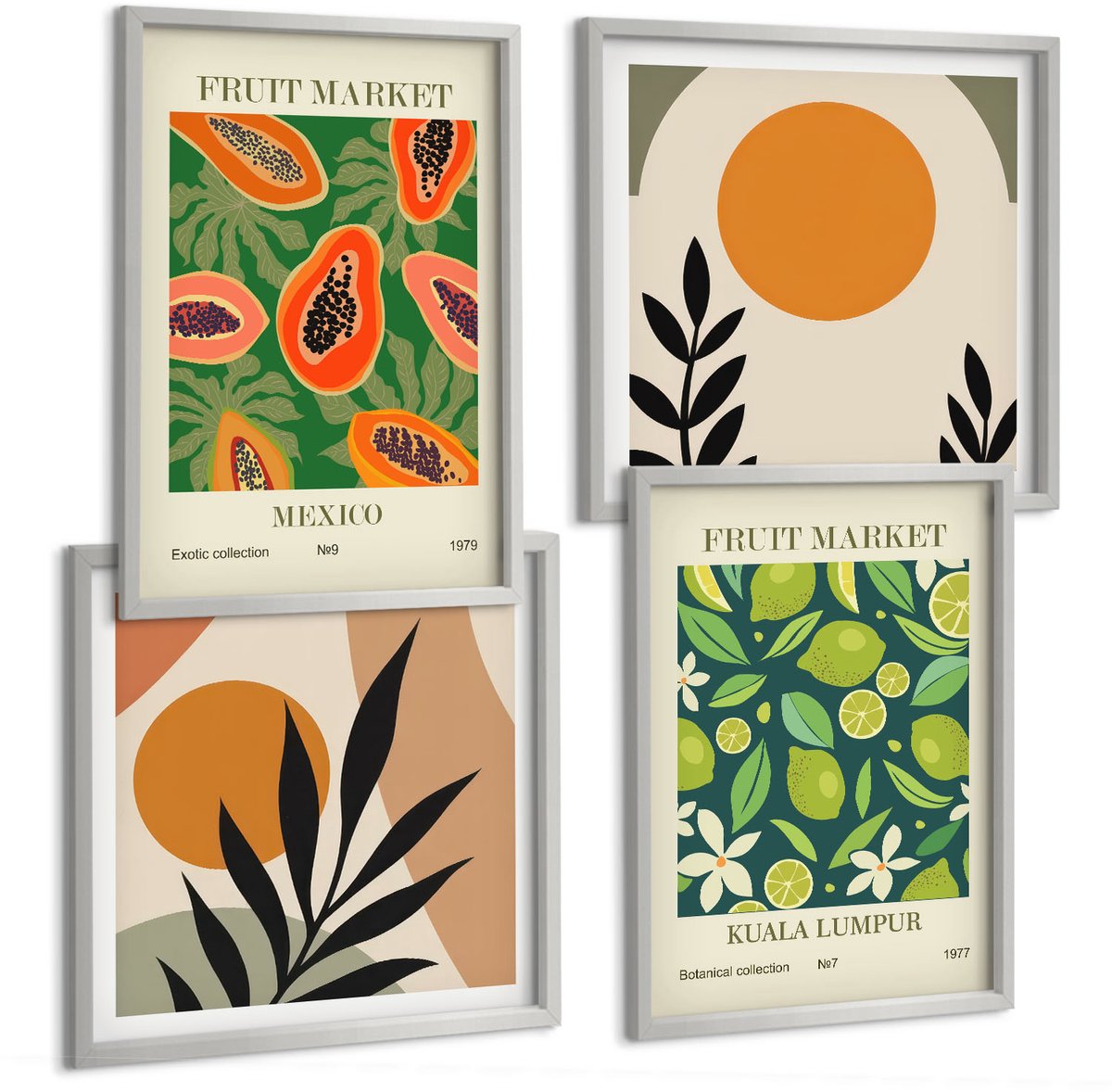 Coloray 4-Delige Schilderij Set - Boho Fruitpatronen Papaja'S Limoenen - 40 x 40 cm En 40 x 60 cm - Muurdecoratie - Interieur Decoratie