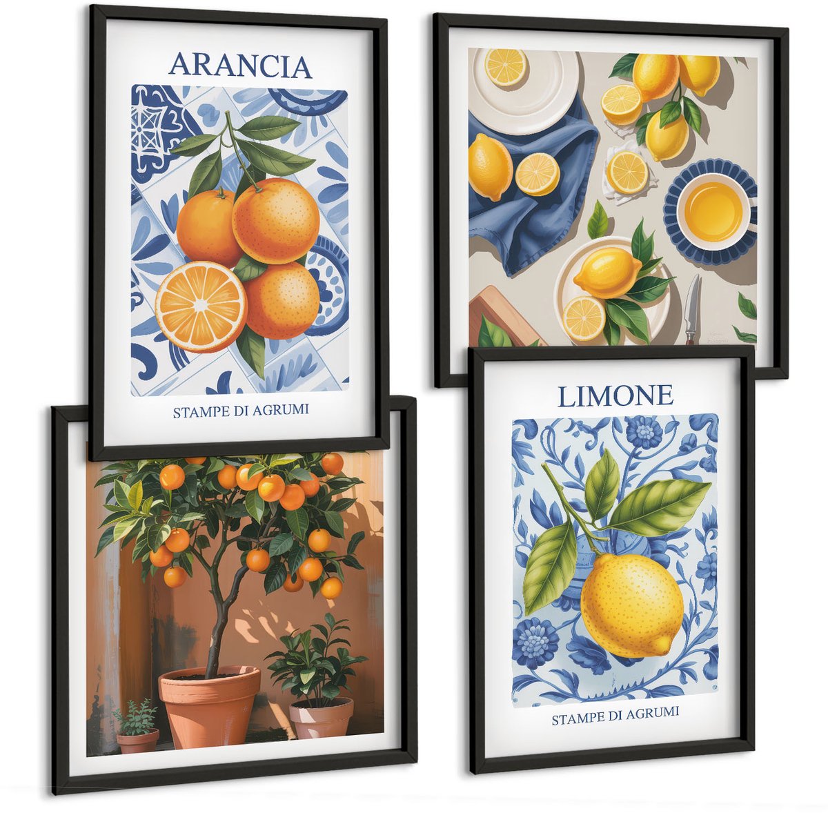 Coloray 4-Delige Schilderij Set - Vintage Illustraties Van Citrusvruchten - 40 x 40 cm En 40 x 60 cm - Decoratieve Schilderijen - Woonkamer - Interieur Zwarte lijst