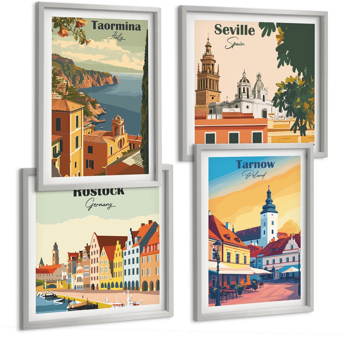 Coloray 4-Delige Schilderij Set - Uitzichten Op Kuststeden En Hun Architectuur - 40 x 40 cm En 40 x 60 cm - Decoratieve Muurdecoratie - Slaapkamer - Stijlvolle Muurdecoratie