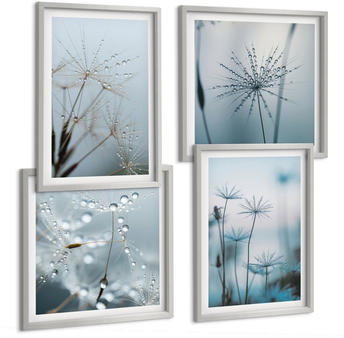 Coloray 4-Delige Schilderij Set - Fijne Paardenbloemen Met Waterdruppels - 40 x 40 cm En 40 x 60 cm - Decoratieve Schilderijen - Wanddecoratie - Hal - Muurdecoratie