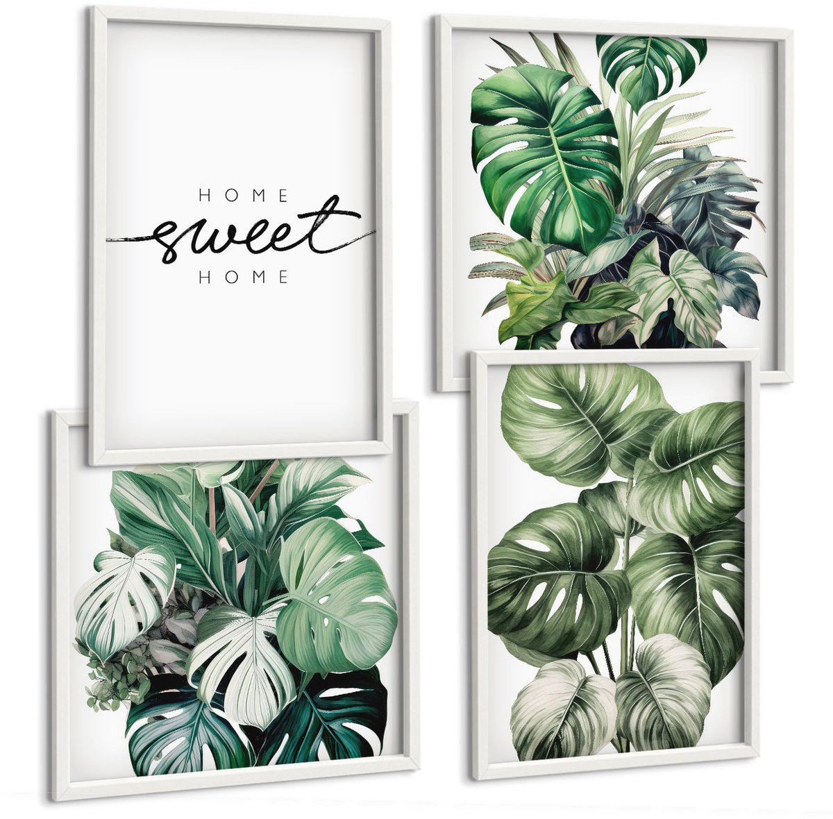 Coloray 4-Delige Schilderij Set - Planten In Het Groen Met De Woorden Sweet Home - 40 x 40 En 40 x 60 - Schilderijen Set - Wanddecoratie - Woonkamer - Muurdecoratie