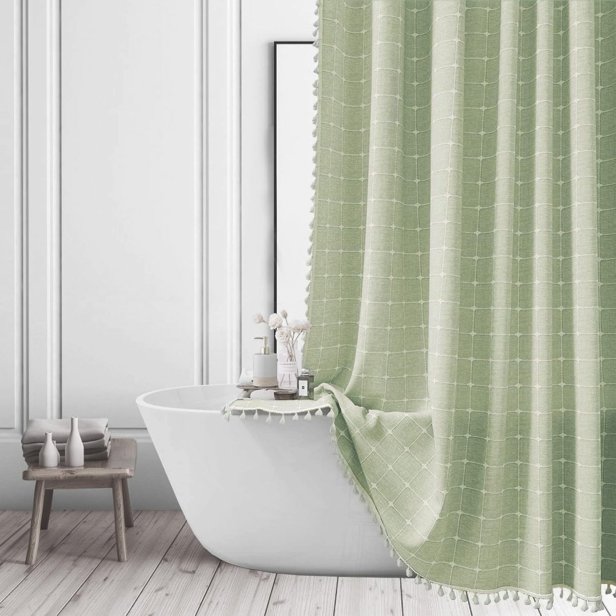 Douchegordijn - Boerderij Boho moderne linnen stoffen douchegordijnen voor badkamer, dikke getextureerde badkamer gordijnset met kwastjes - Boheemse doek douchegordijn extra lang 183 x 213