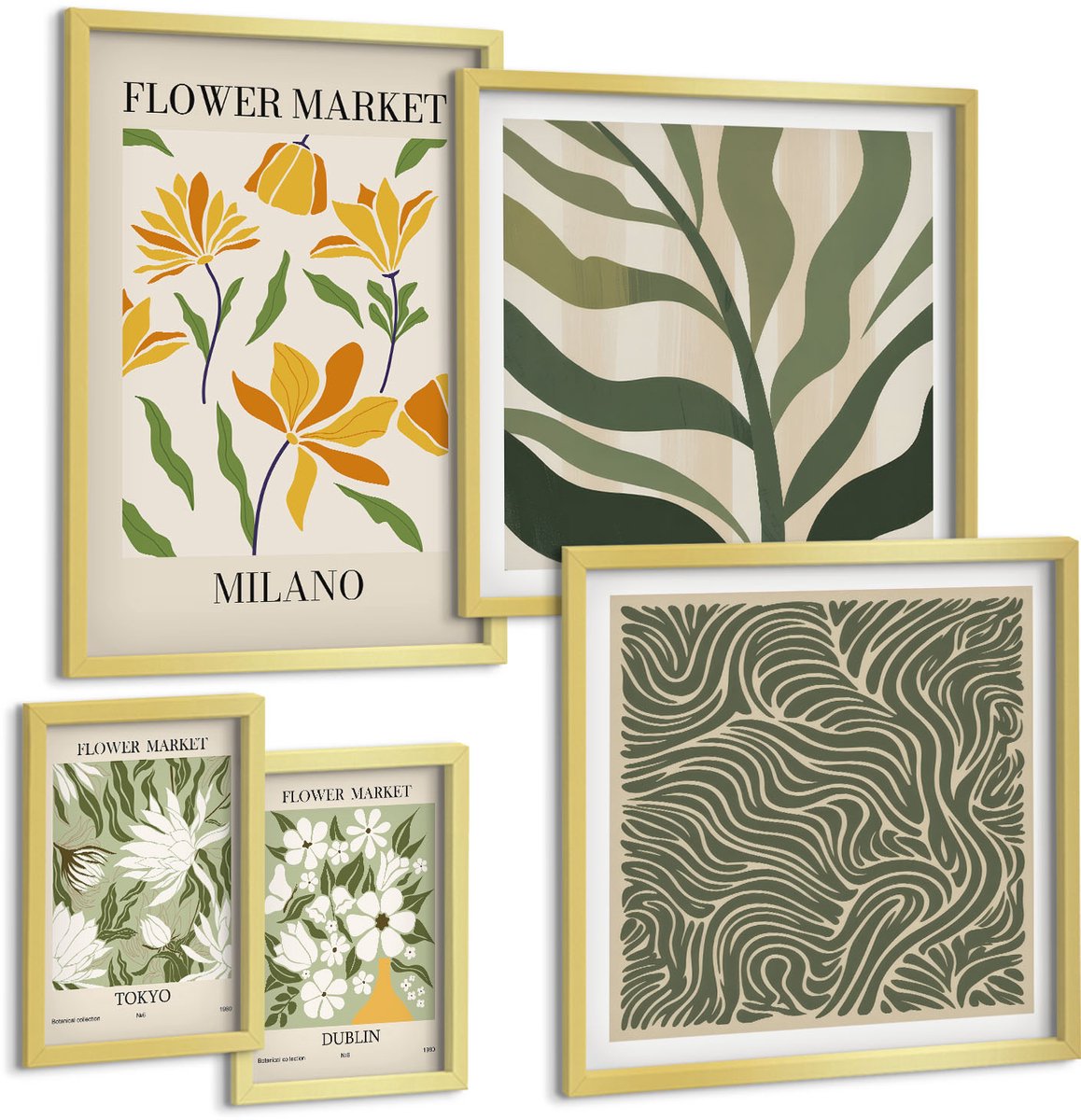 Coloray 5-Delige Schilderij Set - Plantaardige Bloemmotieven In Een Moderne En Minimalistische Stijl. - 50 x 50 cm, 20 x 30 cm En 40 x 60 cm - Stijlvolle Wanddecoratie - Interieur - Woonkamer Decoratie