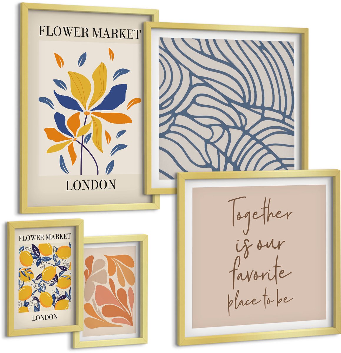 Coloray 5-Delige Schilderij Set - Bloemmotieven En Gestileerde Letters Uit Londen - 50 x 50 cm, 20 x 30 cm En 40 x 60 cm - Muurdecoratie - Wanddecoratie - Hal - Stijlvolle Muurdecoratie