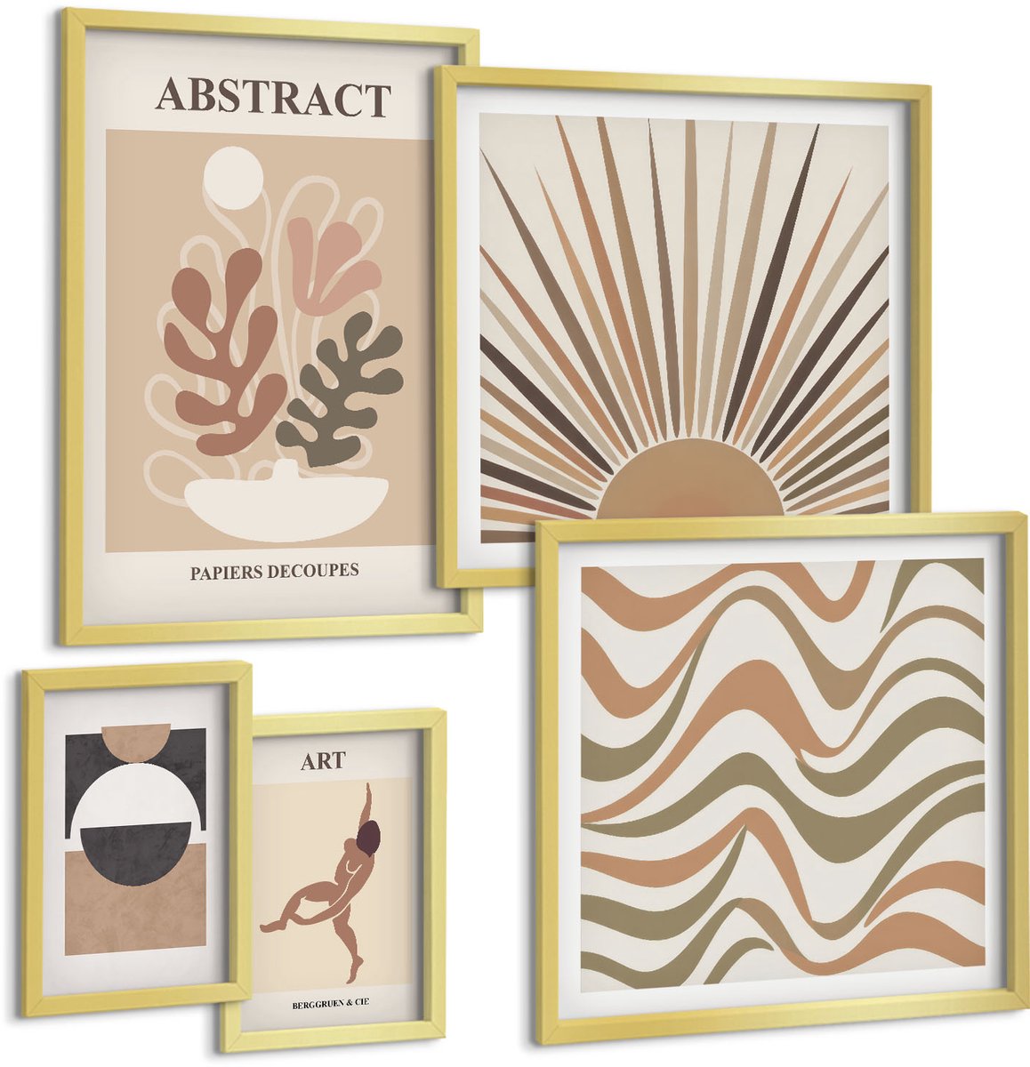Coloray 5-Delige Schilderij Set - Stijlvolle Abstracties Met Plantmotieven En -Vormen. - 50 x 50 cm, 20 x 30 cm En 40 x 60 cm - Muurdecoratie - Wanddecoratie - Hal - Moderne Wanddecoratie