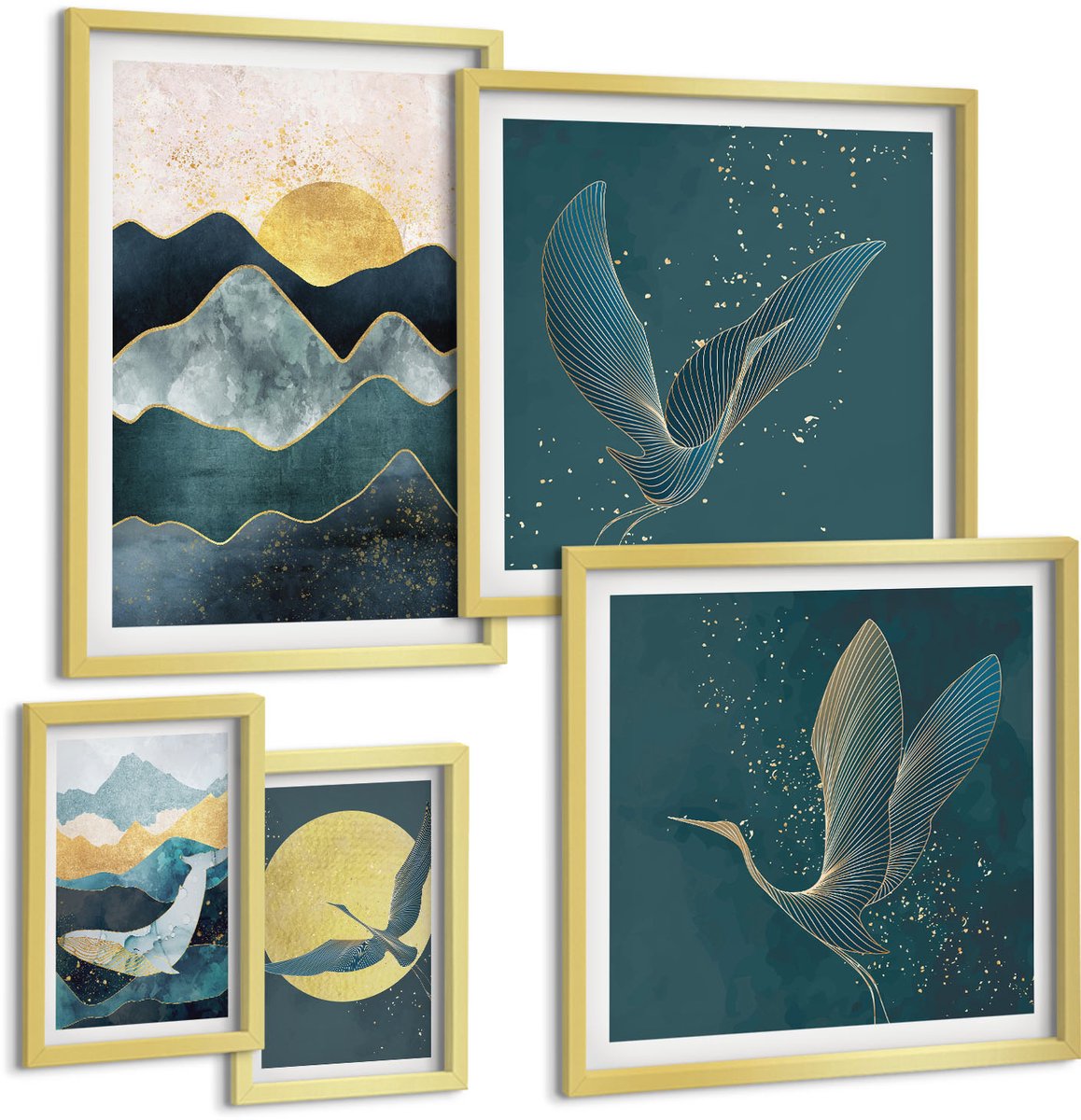 Coloray 5-Delige Schilderij Set - Stijlvolle Berglandschappen Met Vogels En Zon. - 50 x 50 cm, 20 x 30 cm En 40 x 60 cm - Moderne Wanddecoratie - Woonkamer - Stijlvolle Muurdecoratie
