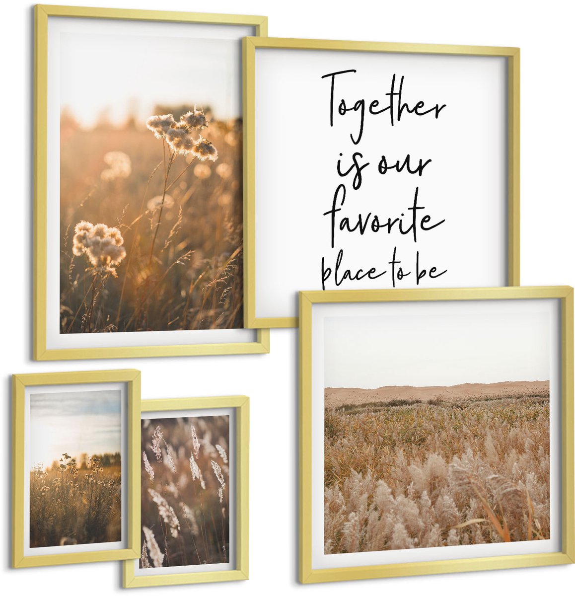 Coloray 5-Delige Schilderij Set - Natuurlijke Landschappen Met Bloemen En Inspirerende Spreuken. - 50 x 50 cm, 20 x 30 cm En 40 x 60 cm - Muurdecoratie - Decoratieve Schilderijen - Wohnzimmer