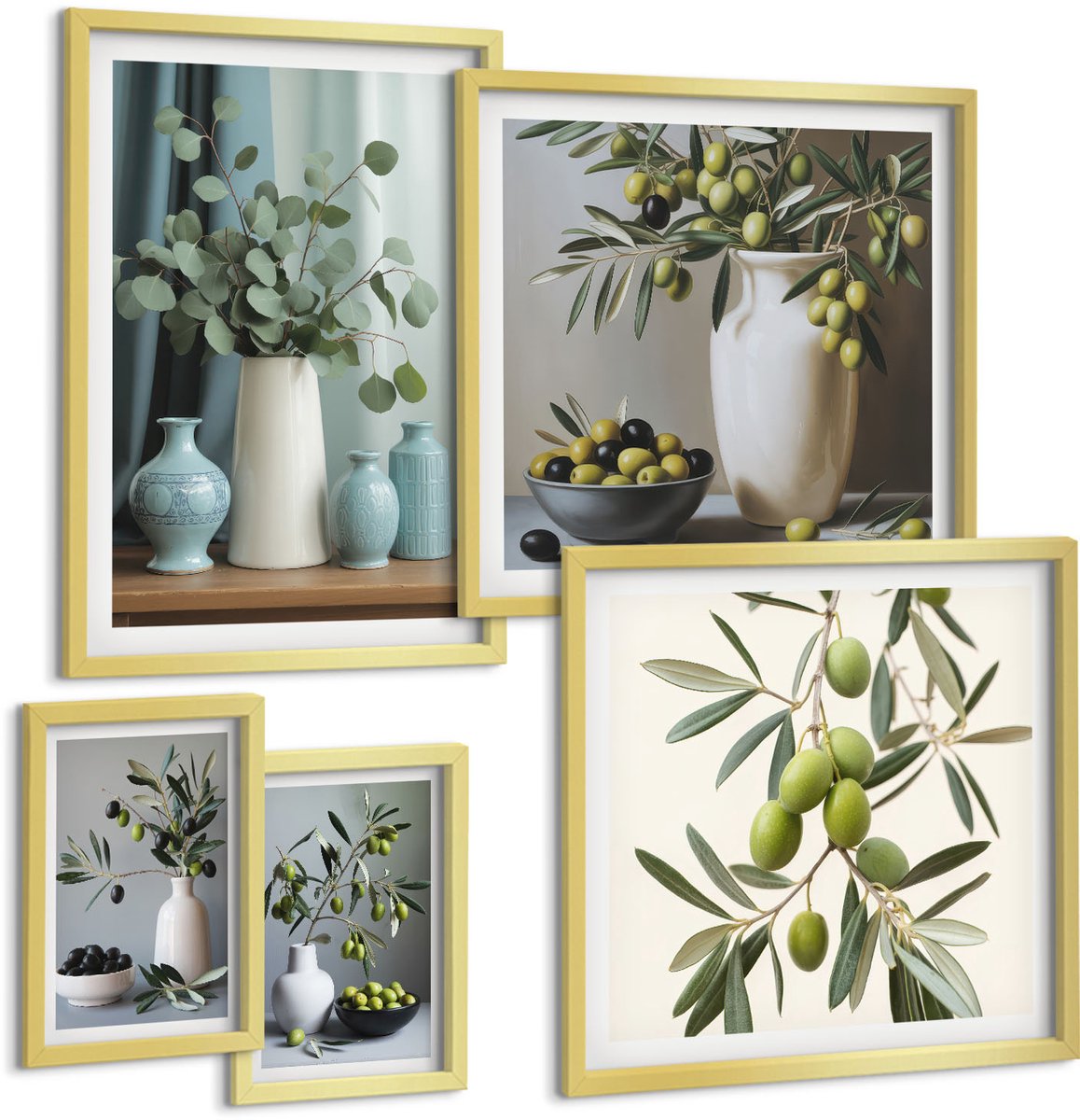 Coloray 5-Delige Schilderij Set - Groene Olijven In Vazen: Stijlvolle Keukendecoratie - 50 x 50 cm, 20 x 30 cm En 40 x 60 cm - Muurdecoratie - Wanddecoratie - Slaapkamer - Woonkamer Decoratie