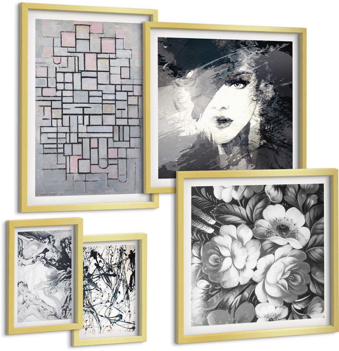 Coloray 5-Delige Schilderij Set - Abstracte Composities Met Bloemen En Portretten In Een Moderne Stijl. - 50 x 50 cm, 20 x 30 cm En 40 x 60 cm - Stijlvolle Muurdecoratie - Slaapkamer - Interieur Decoratie