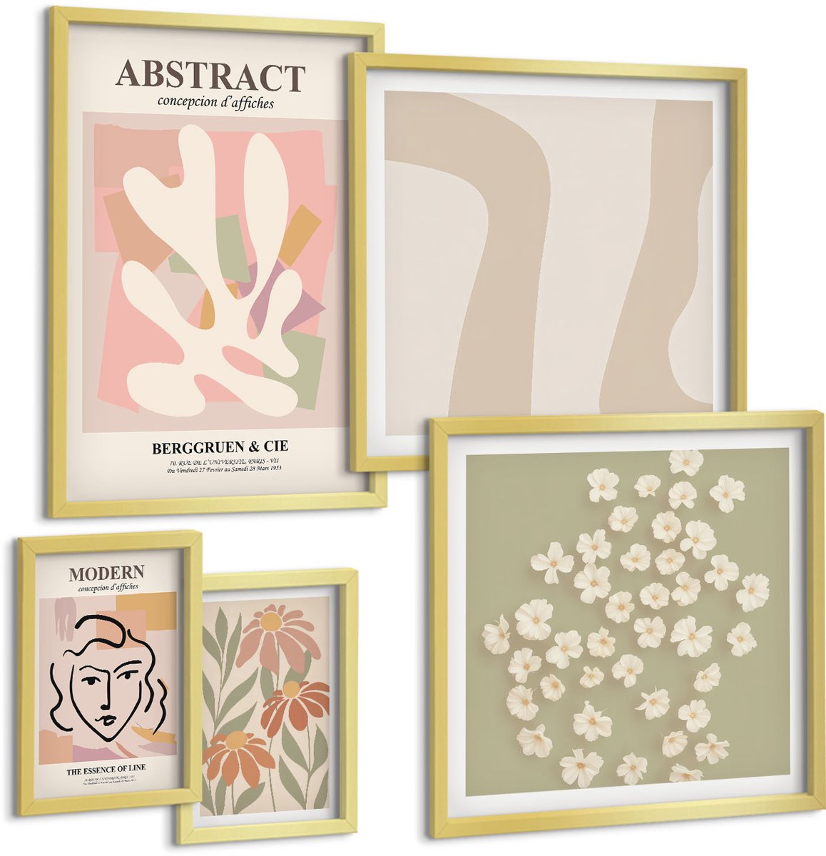 Coloray 5-Delige Schilderij Set - Stijlvolle Abstracte En Florale Interieurontwerpen - 50 x 50 cm, 20 x 30 cm En 40 x 60 cm - Stijlvolle Muurdecoratie - Slaapkamer - Woonkamer Decoratie