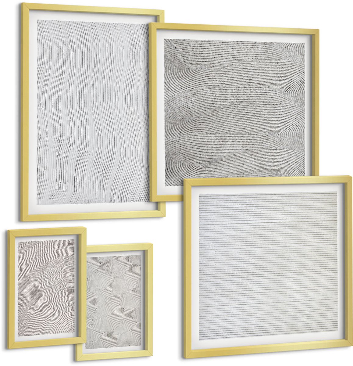 Coloray 5-Delige Schilderij Set - Patronen In Het Zand: Lineaire Geometrische Structuren - 50 x 50 cm, 20 x 30 cm En 40 x 60 cm - Wanddecoratie - Woonkamer Decoratie