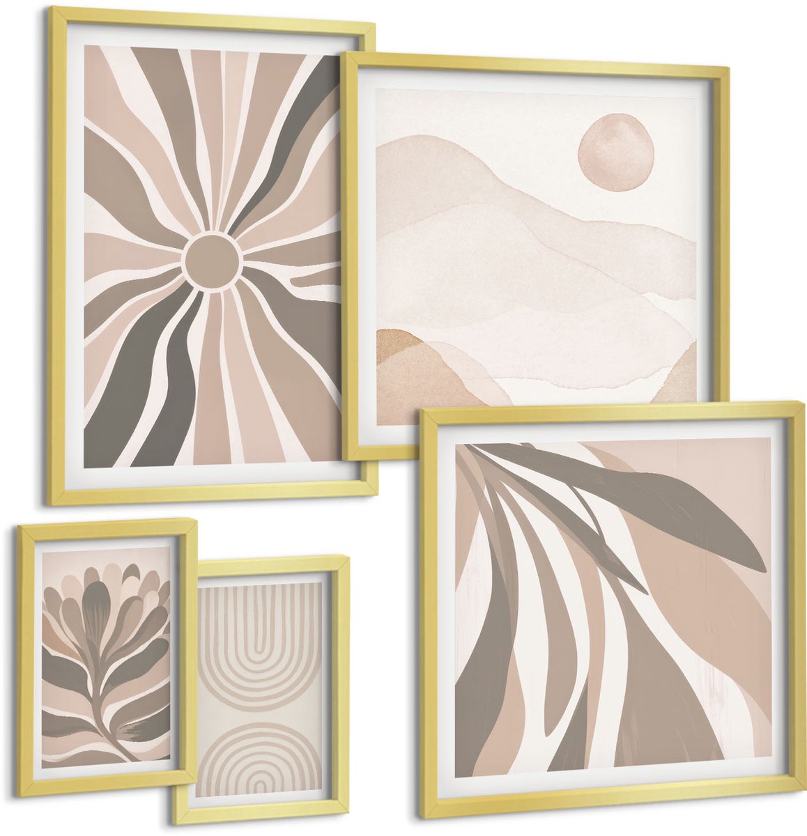 Coloray 5-Delige Schilderij Set - Stijlvolle Abstracte Composities In Natuurlijke Tinten. - 50 x 50 cm, 20 x 30 cm En 40 x 60 cm - Muurdecoratie - Interieur Decoratie - Wanddecoratie