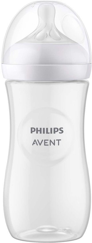 Biberon Philips Avent vide, transparent avec capuchon et tétine blancs.