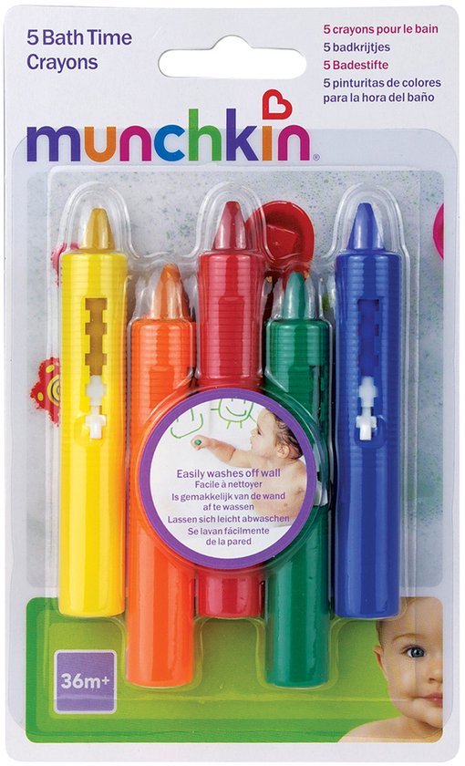 Verpakking met 5 Munchkin bad krijtjes in geel, oranje, rood, groen en blauw. Met de tekst 'Easily washes off wall'. Vanaf 36 maanden.