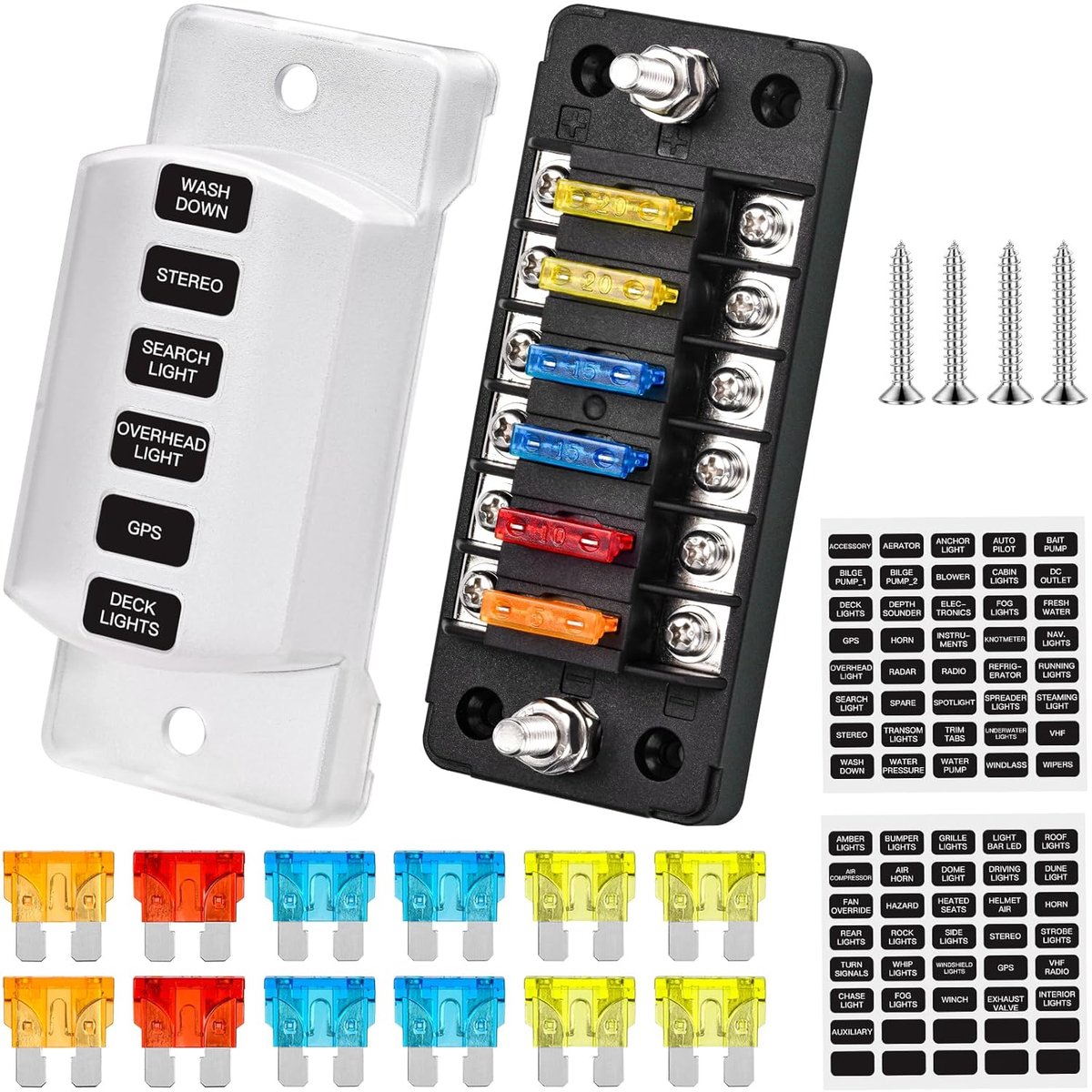 6-weg zekeringhouder 12 V, zekeringhouder voor auto, 12 V, plat zekeringsframe met 12 zekeringen, voor boten, bestelwagens, SUV, boot, vrachtwagen