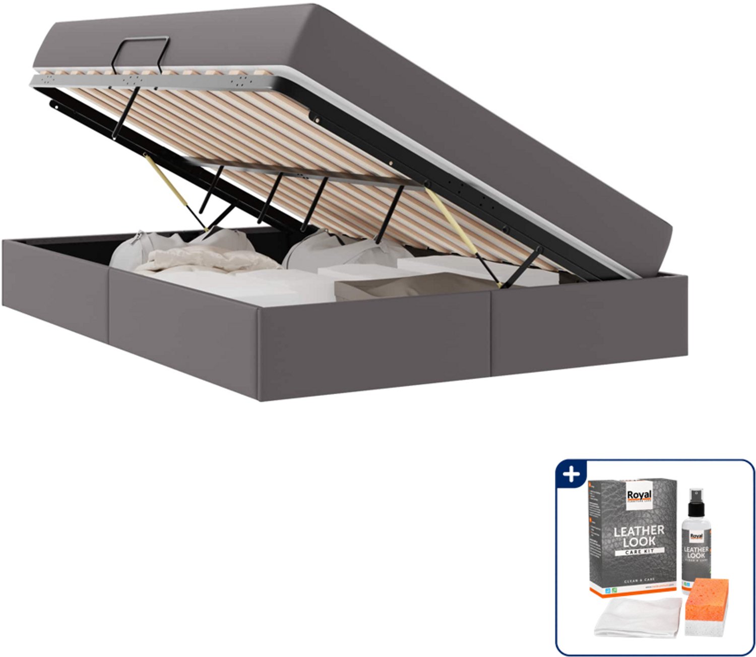 vidaXL opbergbed - Small double - 140 x 200 cm - grijs - Inclusief onderhoudsset voor kunstleer 150 ml Bruin