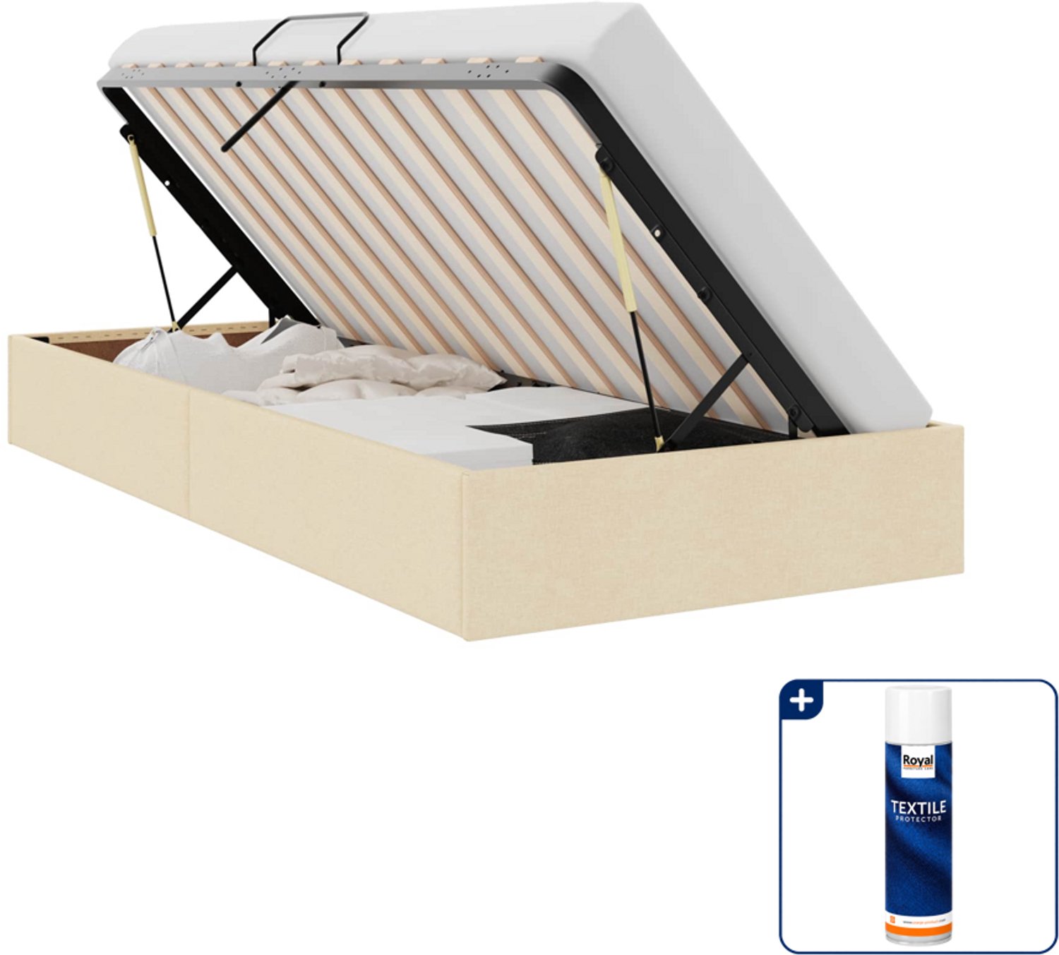 vidaXL ottoman bedframe met opslag - 90 x 200 cm - stof - crème - Inclusief textielbeschermer 500 ml