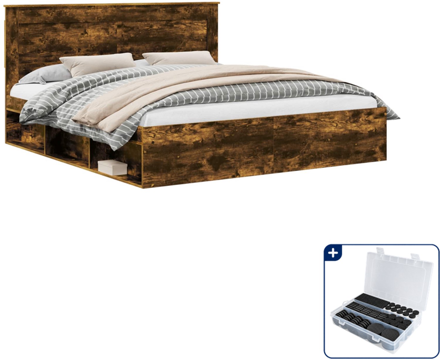 vidaXL bedframe - 200 x 200 cm - bewerkt hout - gerookt eiken - Inclusief antikrasvilt 177-delig Bruin