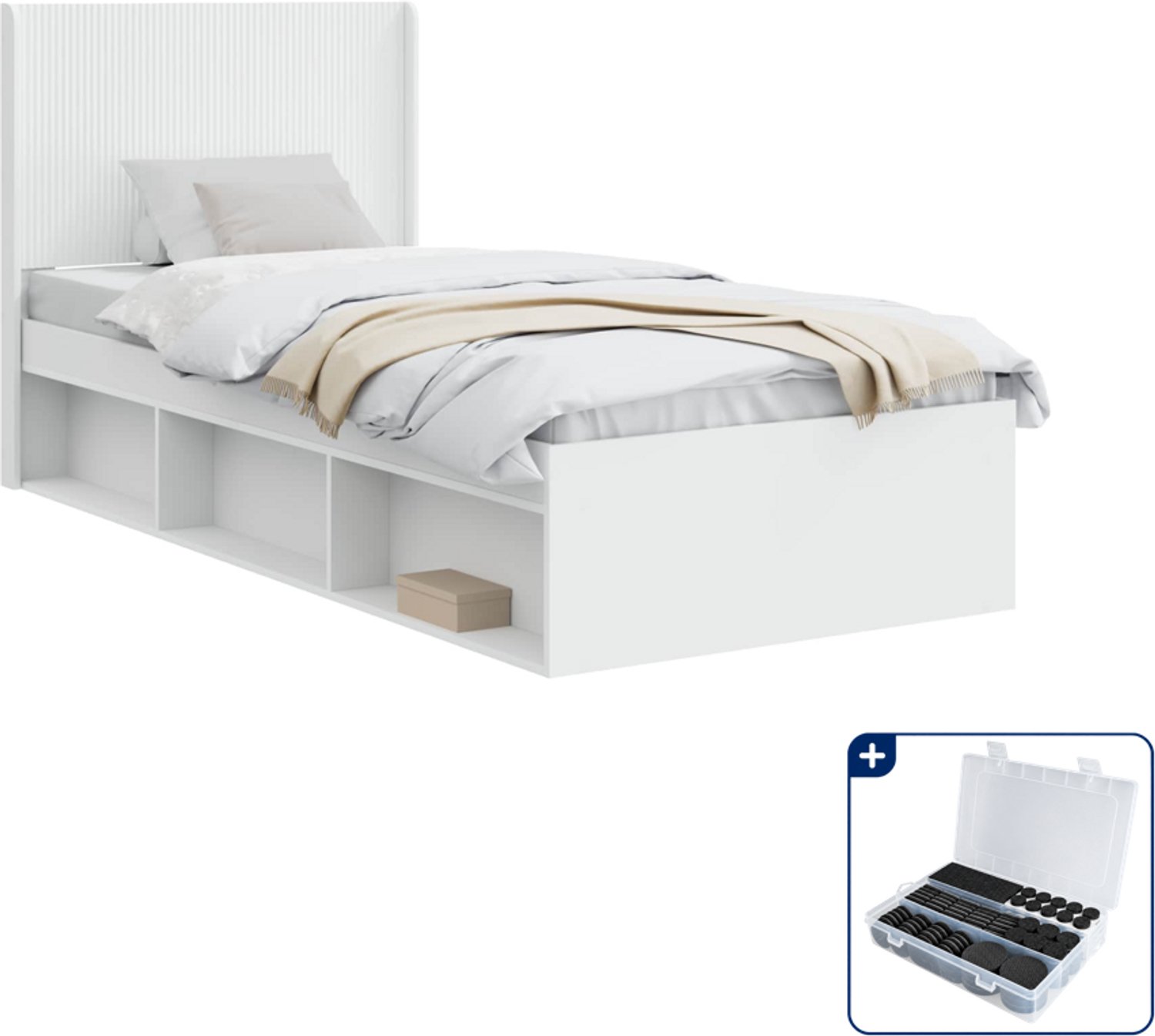 vidaXL bedframe met opbergruimte - 90 x 190 cm - bewerkt hout - wit - Inclusief antikrasvilt 177-delig