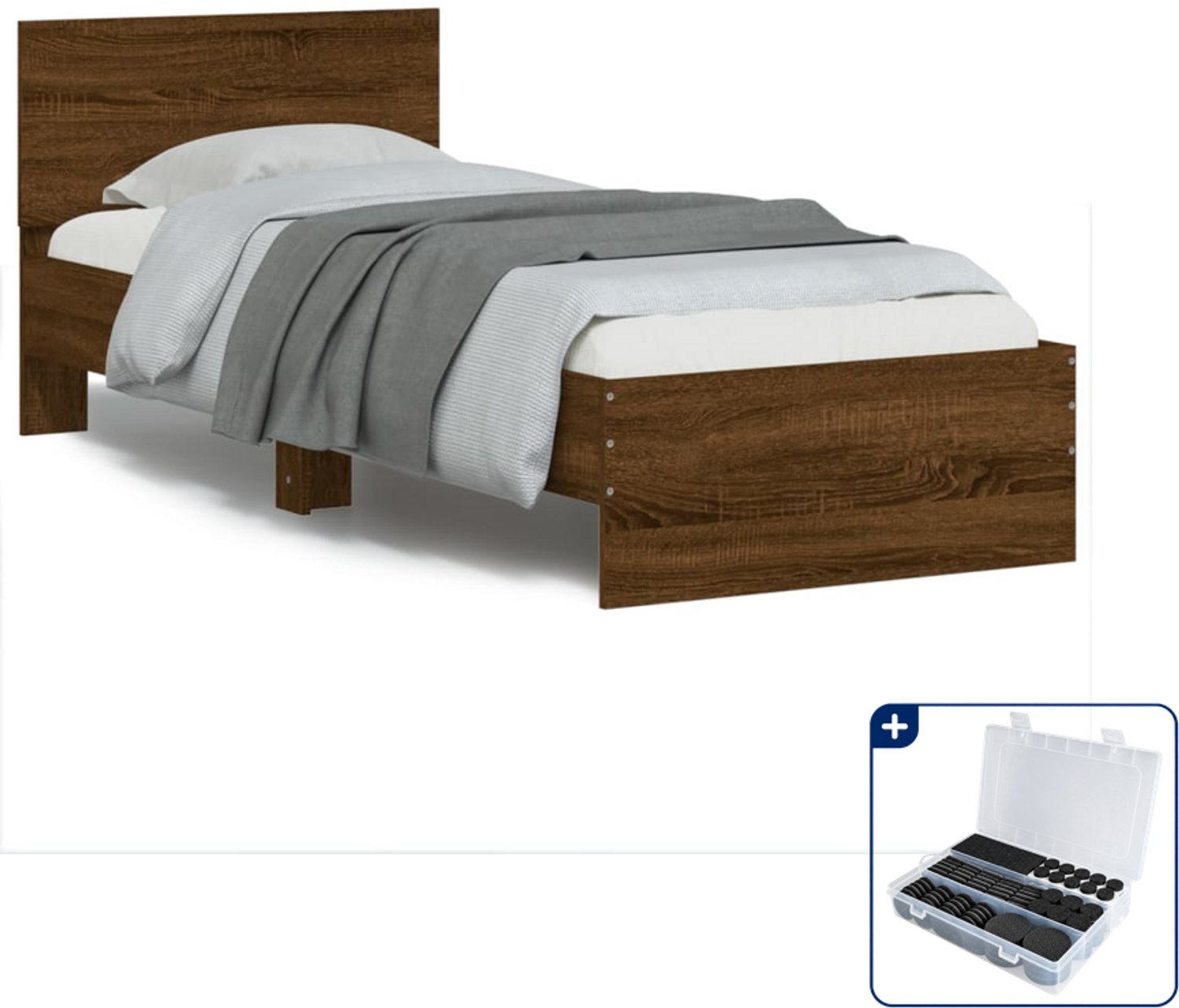 vidaXL bedframe met hoofdbord - 90 x 190 cm - bruineiken - Inclusief antikrasvilt 177-delig