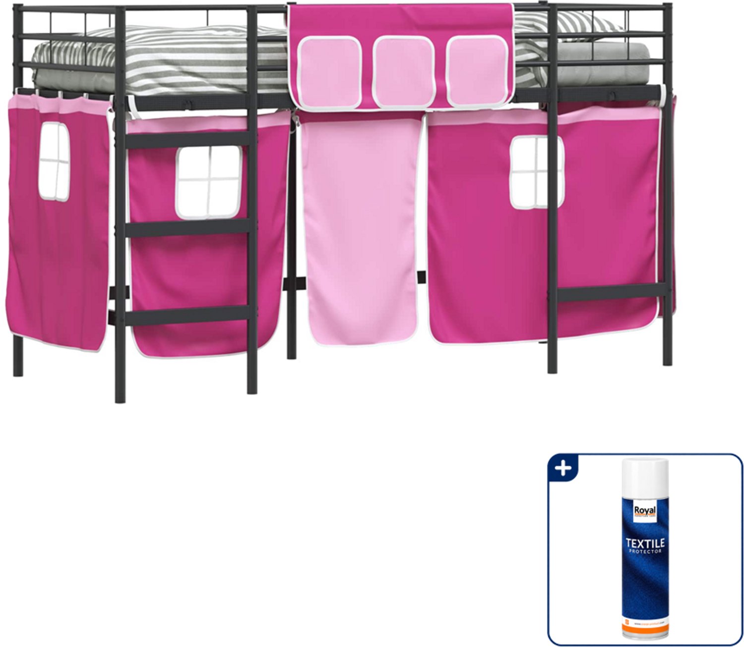 vidaXL kinderhoogslaper met gordijnen - 100 x 190 cm - zwart/roze - Inclusief textielbeschermer 500 ml