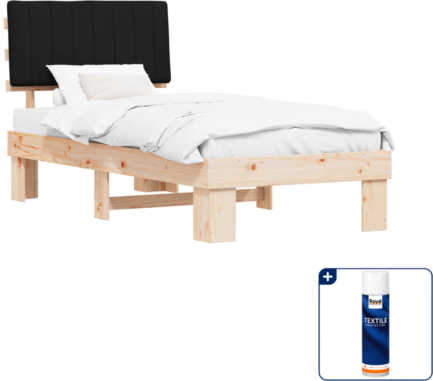 vidaXL Bedframe - 90 x 190 cm - massief grenenhout - zwart - Inclusief textielbeschermer 500 ml