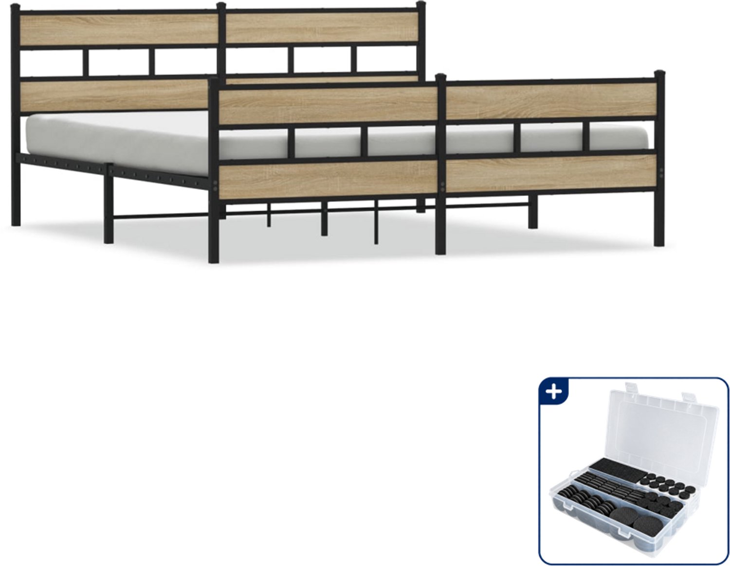 vidaXL Bedframe - 183 x 213 cm - staal en bewerkt hout - sonoma eiken - Inclusief antikrasvilt 177-delig Bruin