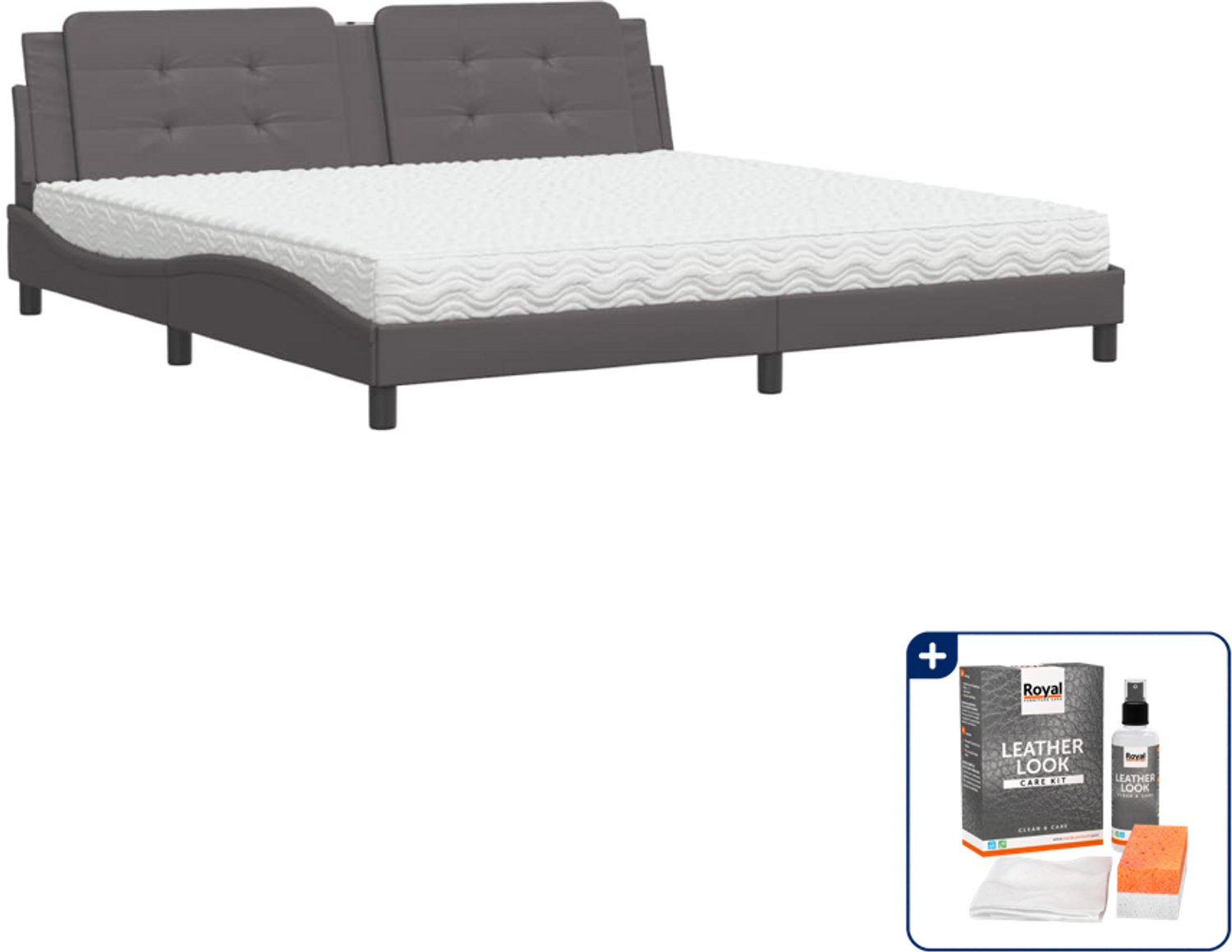 vidaXL Zadar bed met matras - 200 x 200 cm - kunstleer - grijs - Inclusief onderhoudsset voor kunstleer 150 ml Bruin