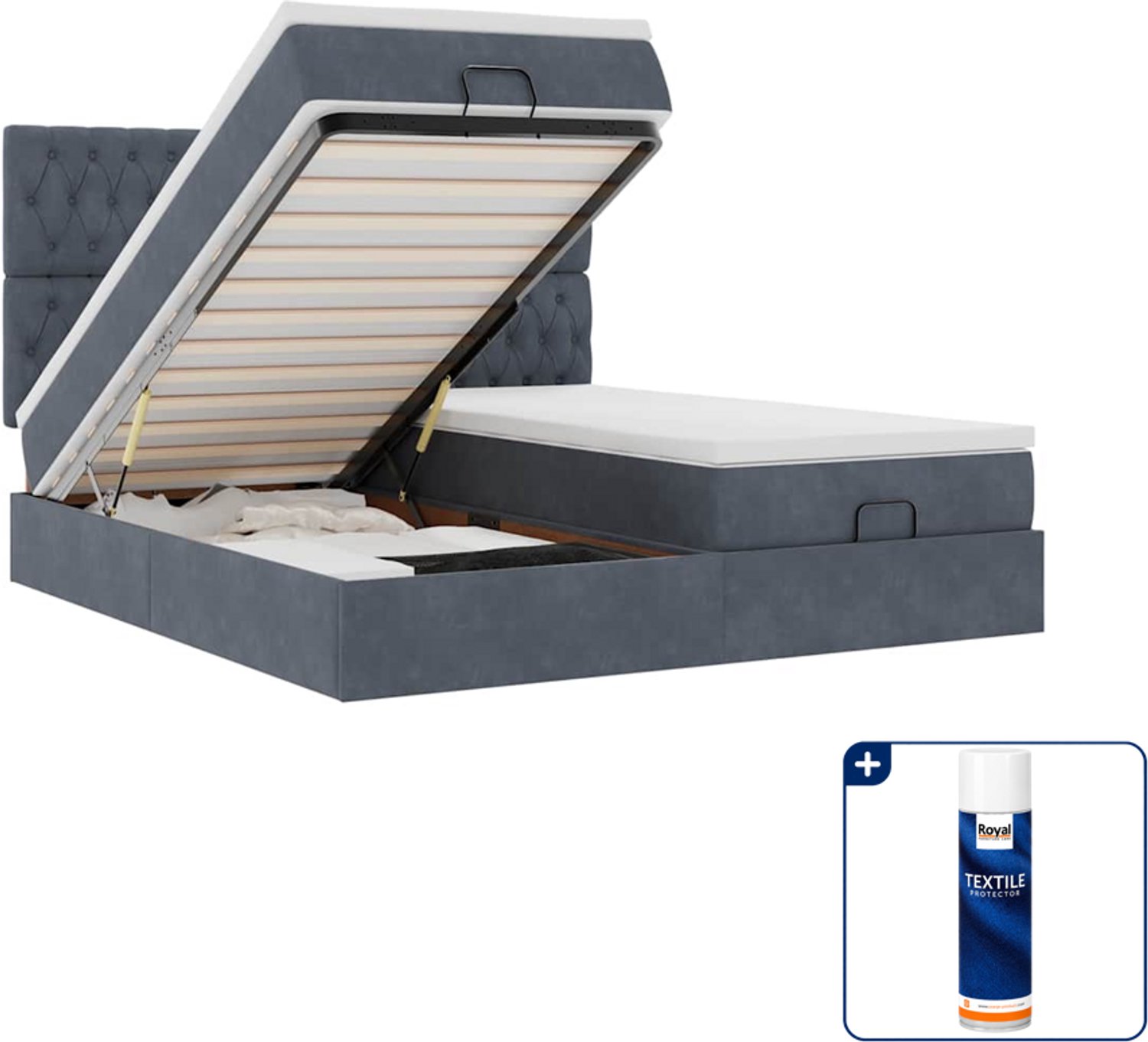 vidaXL Kingsize ottoman bed - 180 x 200 cm - fluweel - donkergrijs - Inclusief textielbeschermer 500 ml Blauw