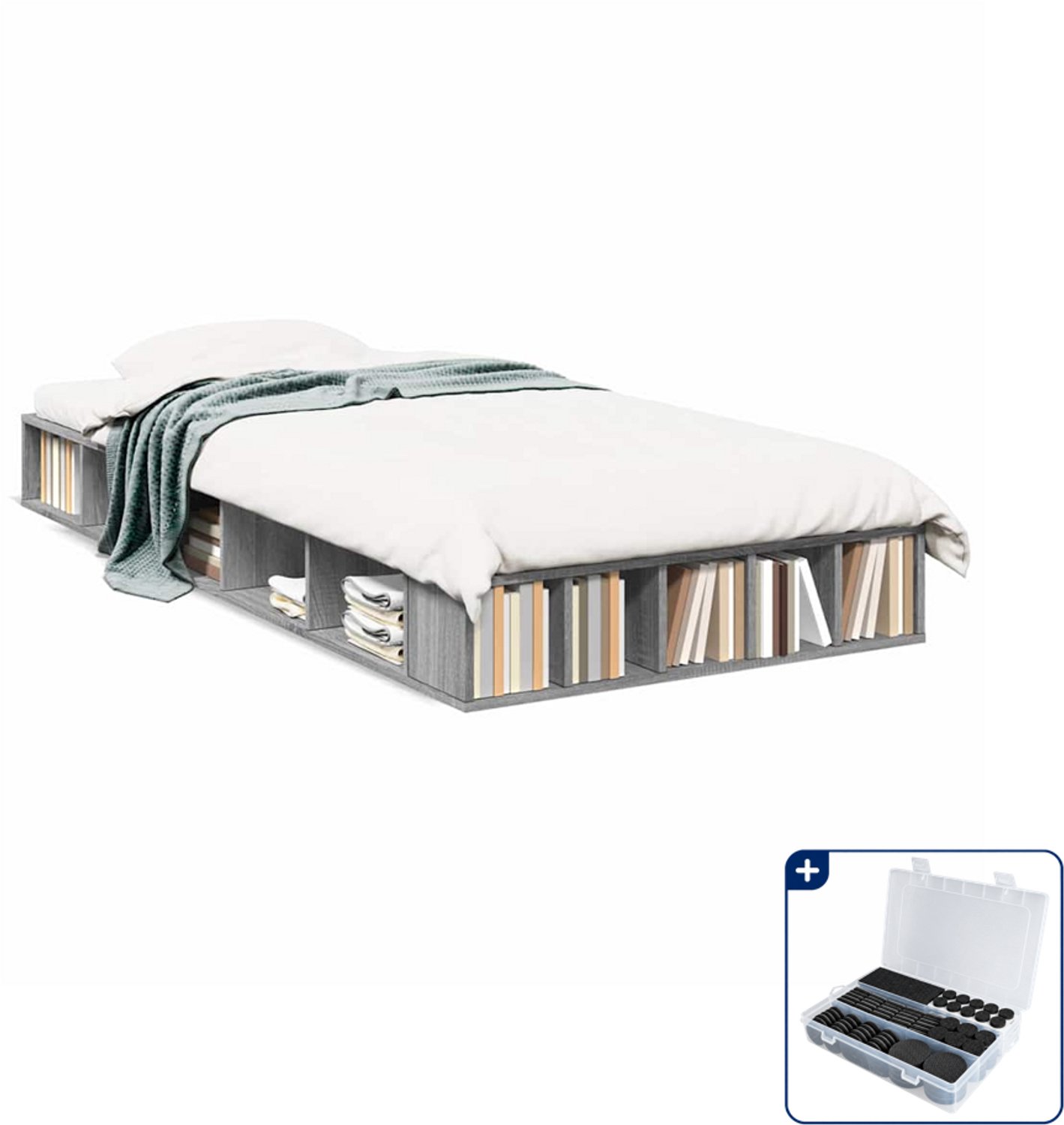 vidaXL bedframe - 90 x 200 cm - bewerkt hout - grijs sonoma eiken - Inclusief antikrasvilt 177-delig Bruin